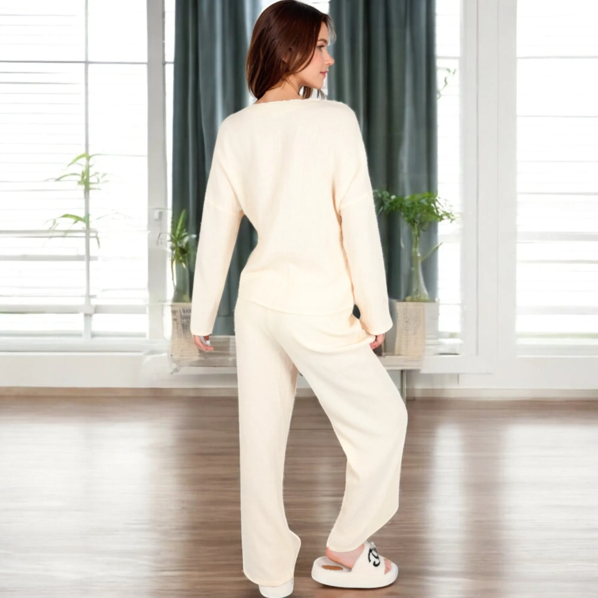 Anna-Kaci Women's Solid Color 2-Piece Pajama Set with Long Sleeve V-Neck Top and Relaxed Fit Wide-Leg Pants sold by Anna-Kaci product image thumbnail 5