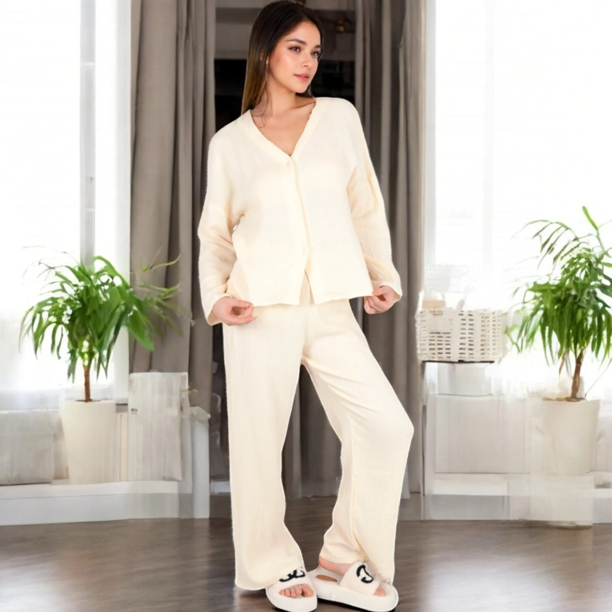 Anna-Kaci Women's Solid Color 2-Piece Pajama Set with Long Sleeve V-Neck Top and Relaxed Fit Wide-Leg Pants sold by Anna-Kaci product image thumbnail 3