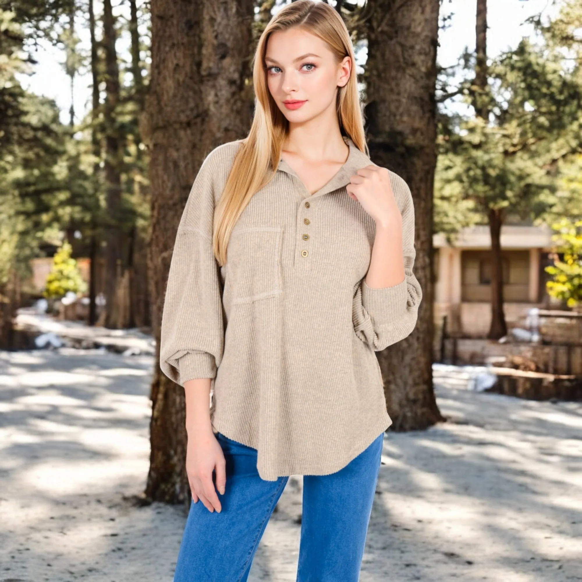 Anna-Kaci Women's Ribbed Knit Collared Pullover with Henley Buttons and Front Pocket sold by Anna-Kaci product image thumbnail 4