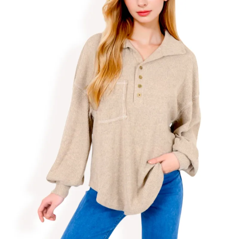 Anna-Kaci Women's Ribbed Knit Collared Pullover with Henley Buttons and Front Pocket sold by Anna-Kaci
