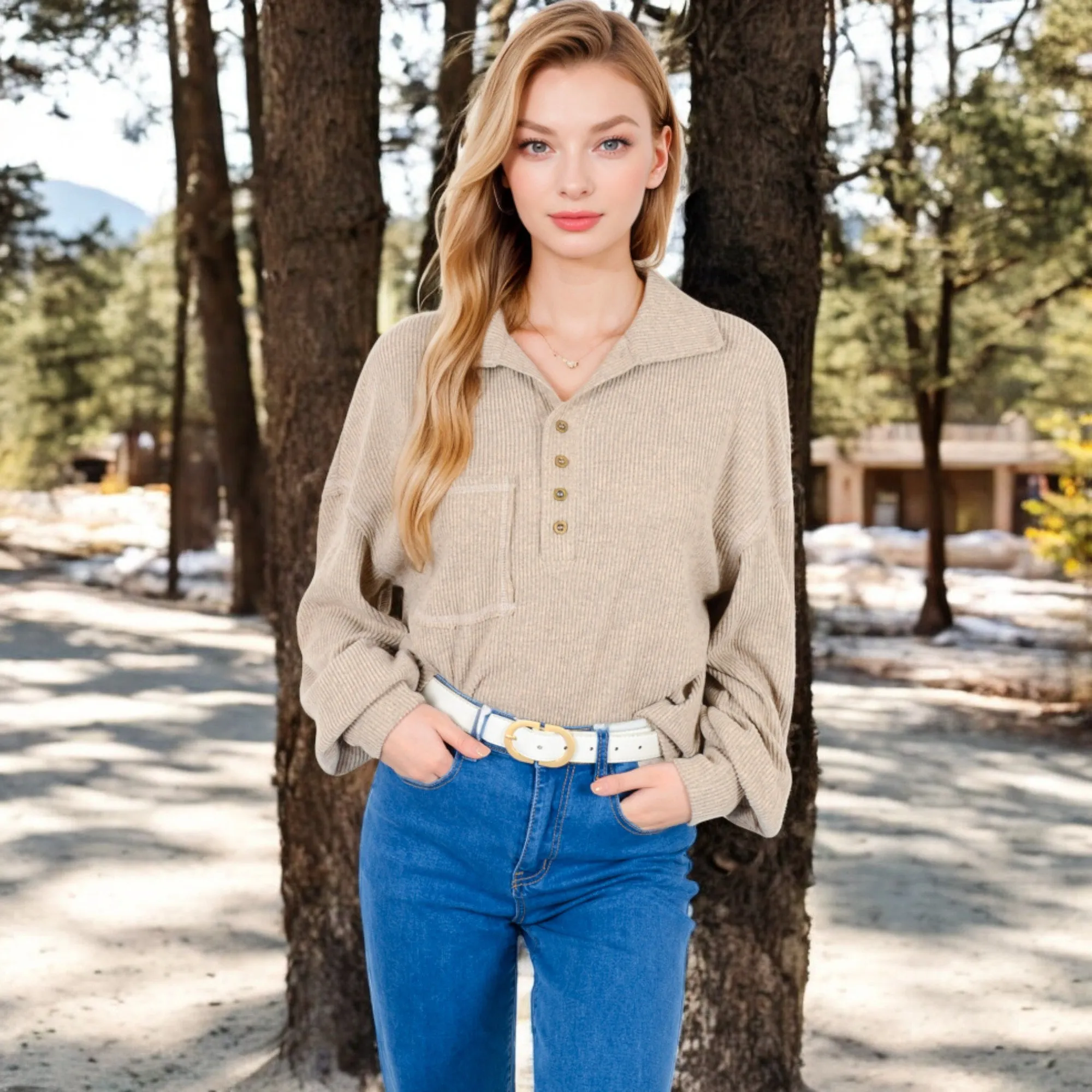 Anna-Kaci Women's Ribbed Knit Collared Pullover with Henley Buttons and Front Pocket sold by Anna-Kaci product image thumbnail 2