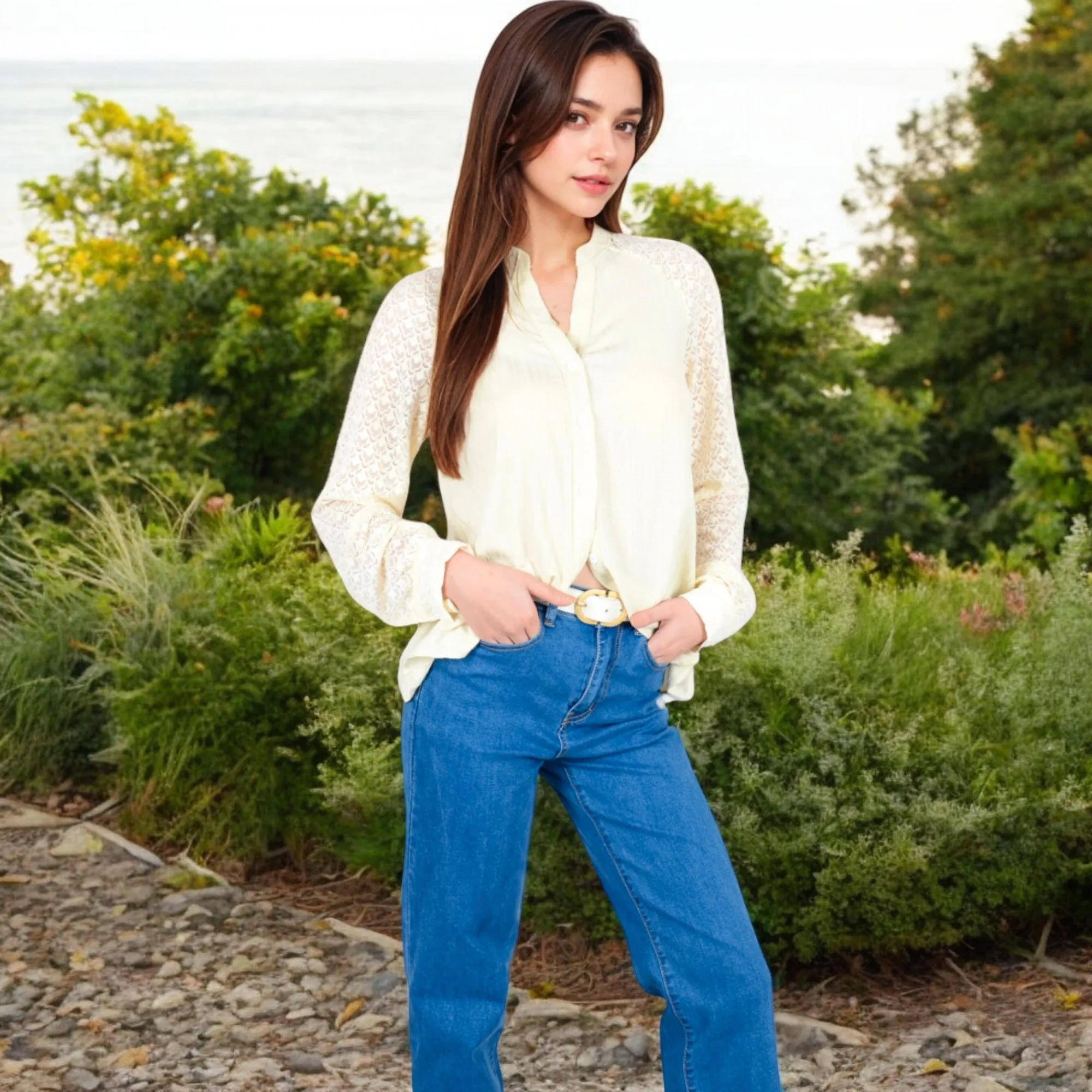 Anna-Kaci Women's Lace Sleeve Button-Up Blouse with Stand Collar and Relaxed Fit sold by Anna-Kaci product image thumbnail 3