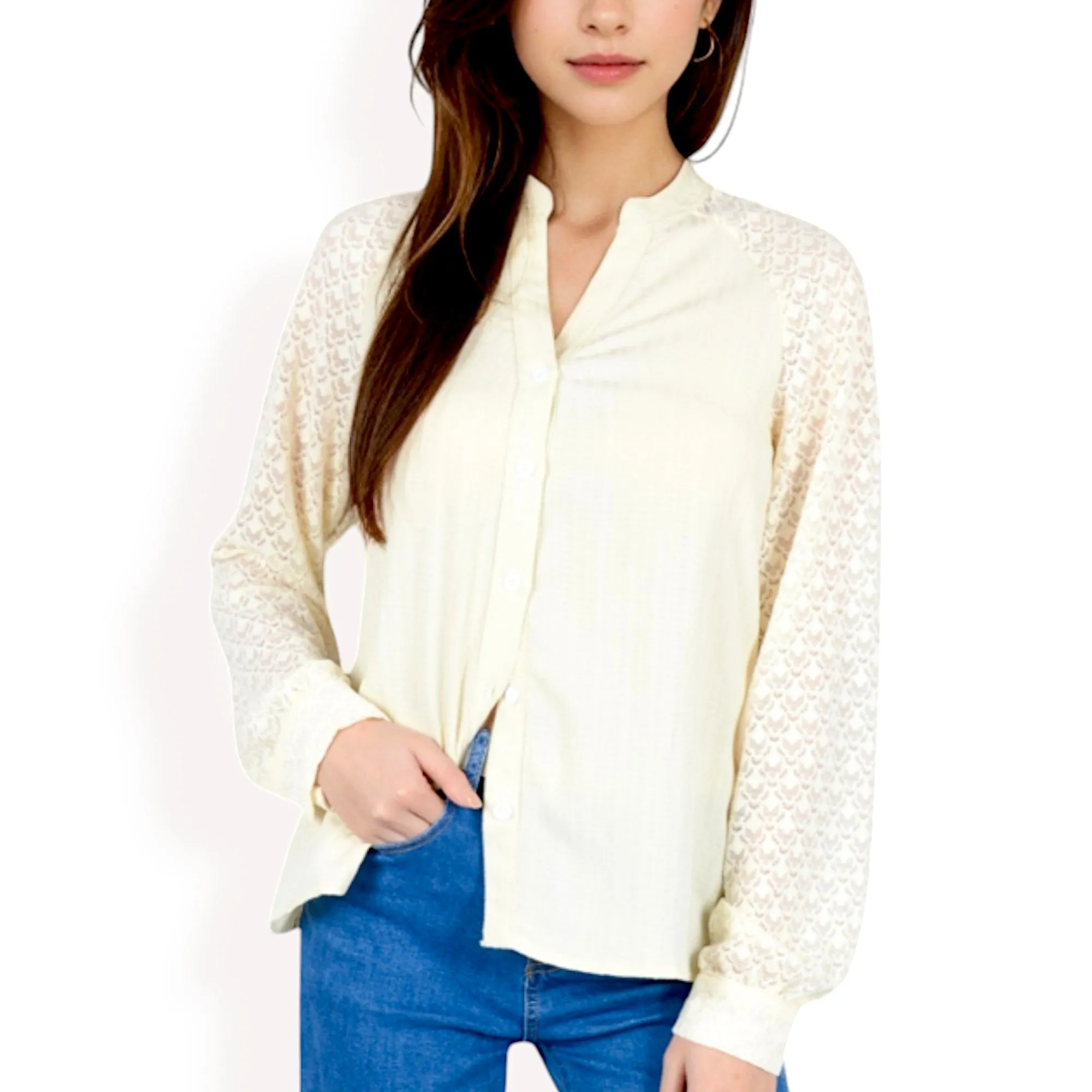 Anna-Kaci Women's Lace Sleeve Button-Up Blouse with Stand Collar and Relaxed Fit sold by Anna-Kaci