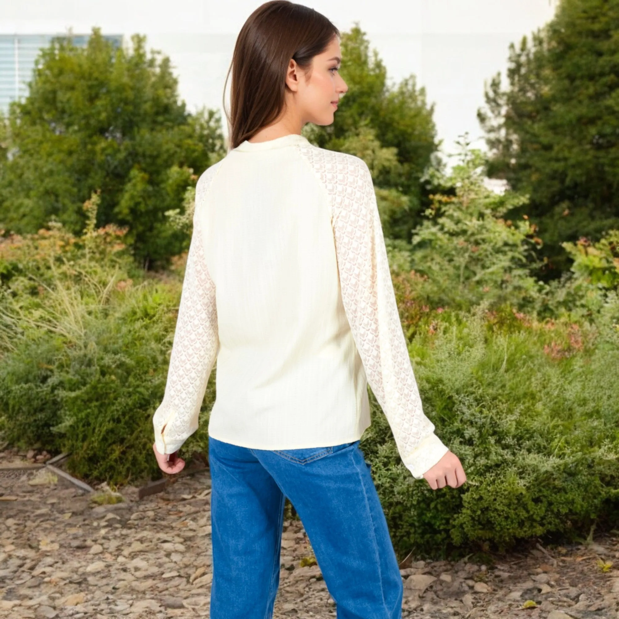 Anna-Kaci Women's Lace Sleeve Button-Up Blouse with Stand Collar and Relaxed Fit sold by Anna-Kaci product image thumbnail 5