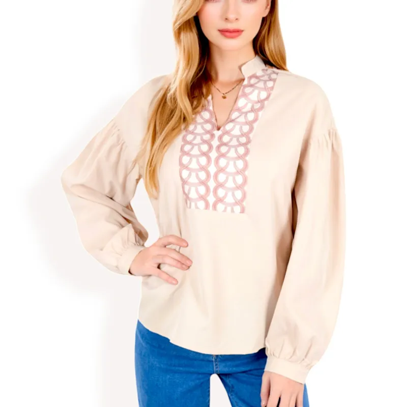 Anna-Kaci Women's Long Sleeve Blouse with Embroidered Front Detail and Stand Collar sold by Anna-Kaci