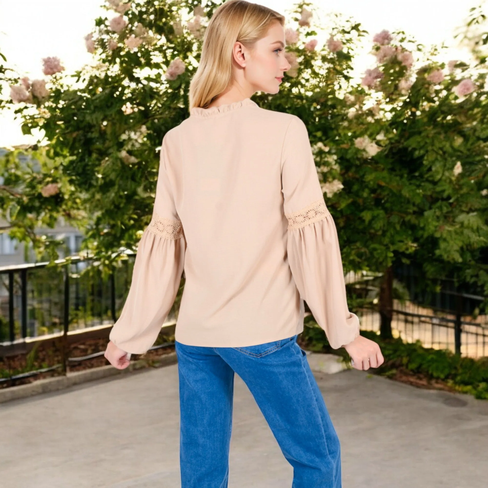 Anna-Kaci Women's Long Sleeve Pleated Blouse with Lace Detail and Tie Neck sold by Anna-Kaci product image thumbnail 5