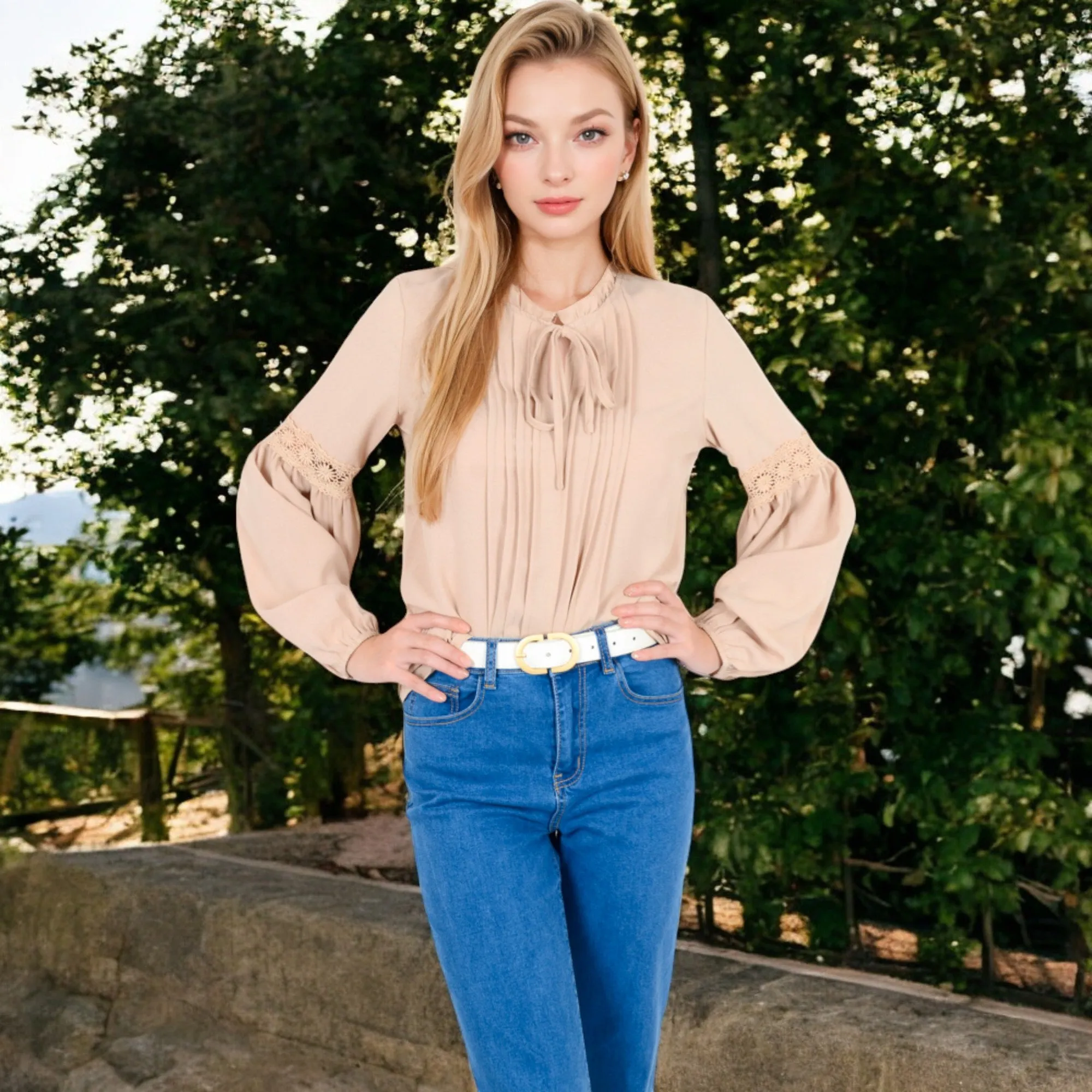 Anna-Kaci Women's Long Sleeve Pleated Blouse with Lace Detail and Tie Neck sold by Anna-Kaci product image thumbnail 2