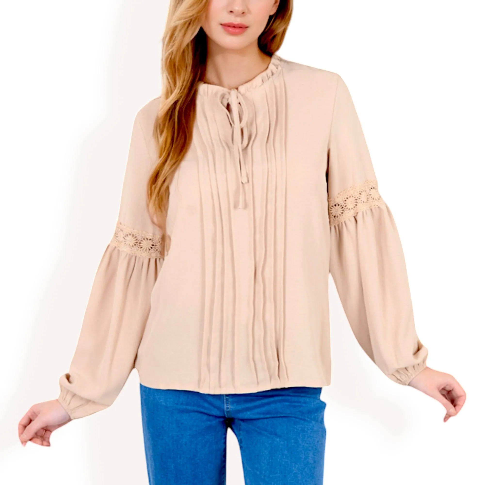Anna-Kaci Women's Long Sleeve Pleated Blouse with Lace Detail and Tie Neck sold by Anna-Kaci