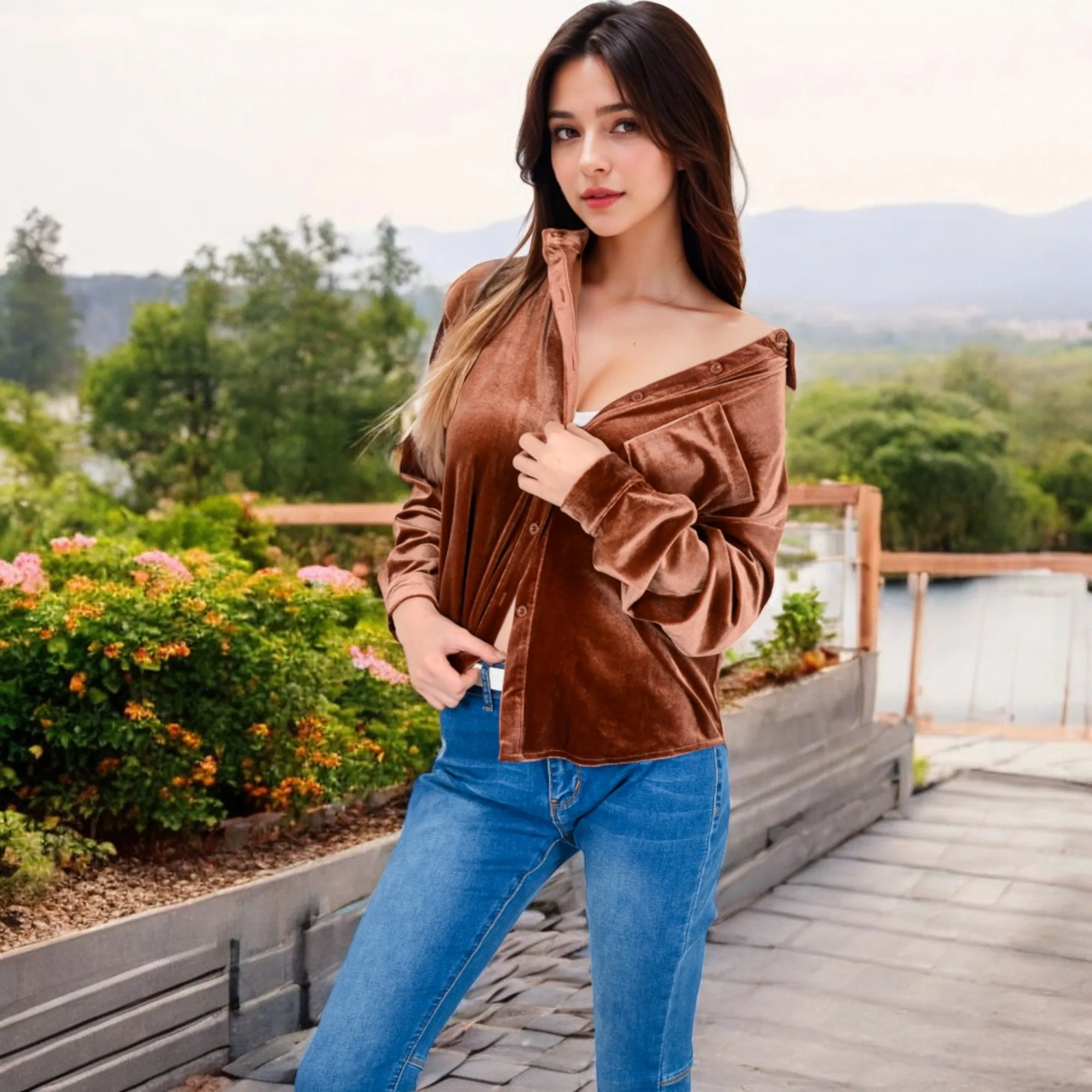 Anna-Kaci Women's Velvet Long Sleeve Button-Up Shirt with Chest Pocket and Collared Neck sold by Anna-Kaci product image thumbnail 4