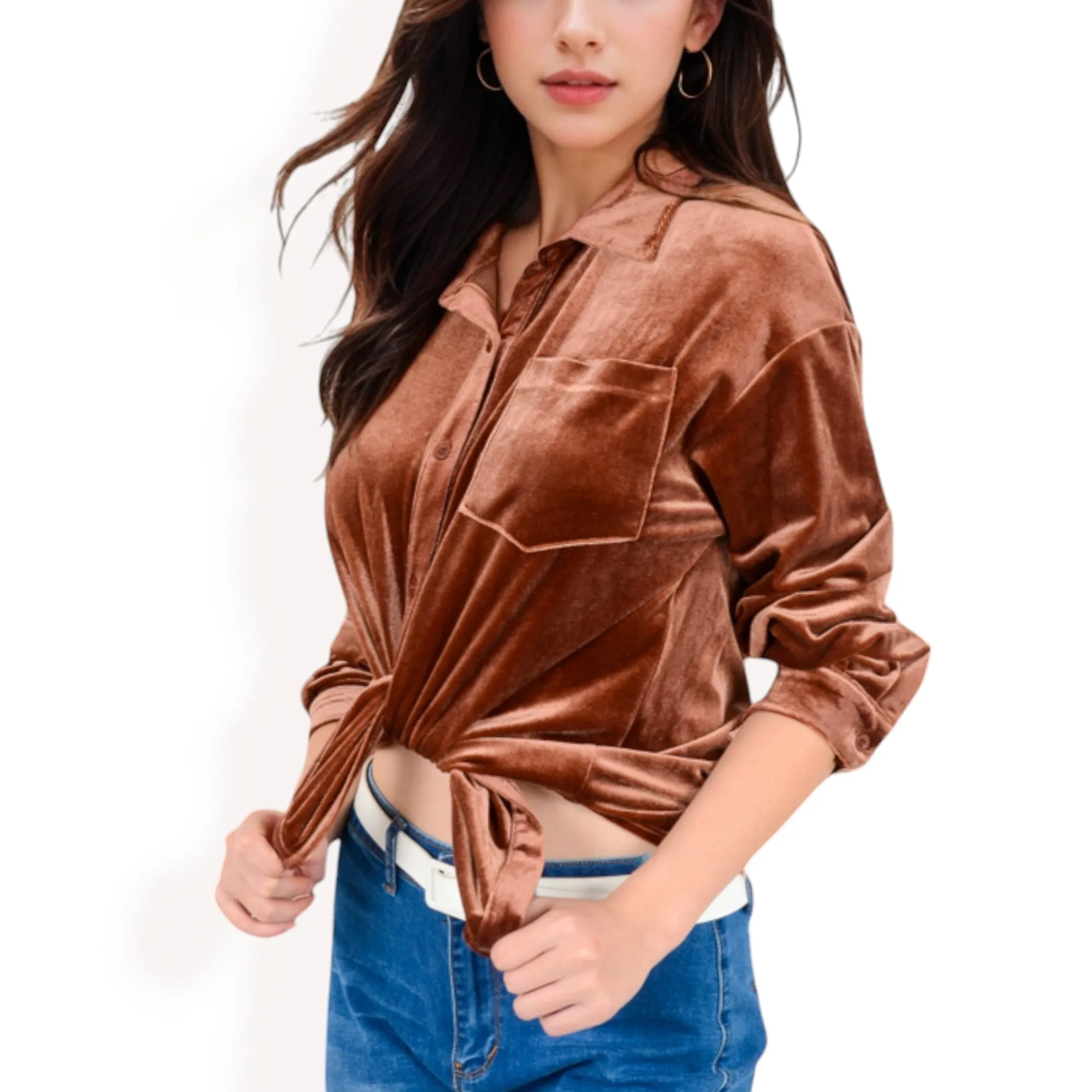 Anna-Kaci Women's Velvet Long Sleeve Button-Up Shirt with Chest Pocket and Collared Neck sold by Anna-Kaci