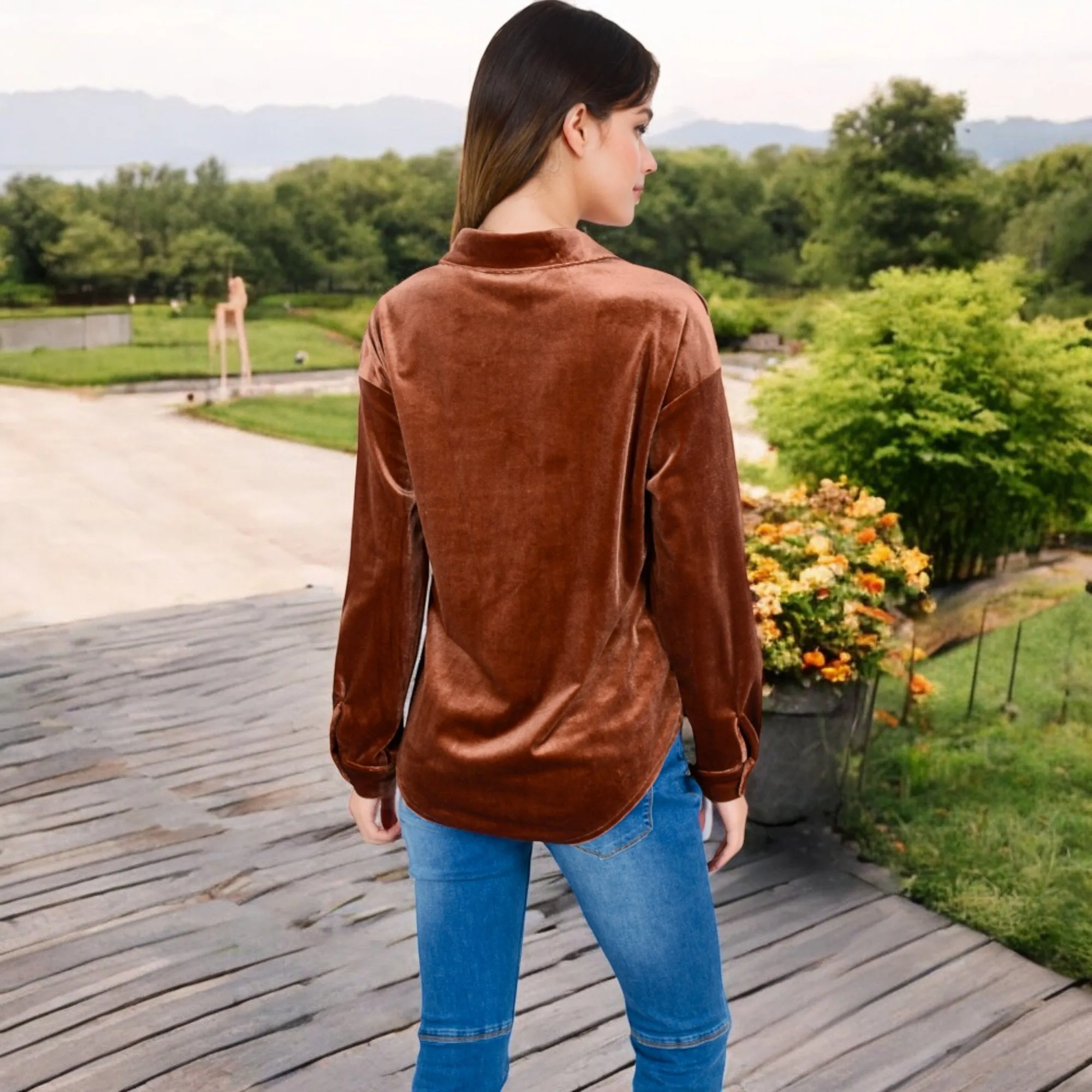 Anna-Kaci Women's Velvet Long Sleeve Button-Up Shirt with Chest Pocket and Collared Neck sold by Anna-Kaci product image thumbnail 5