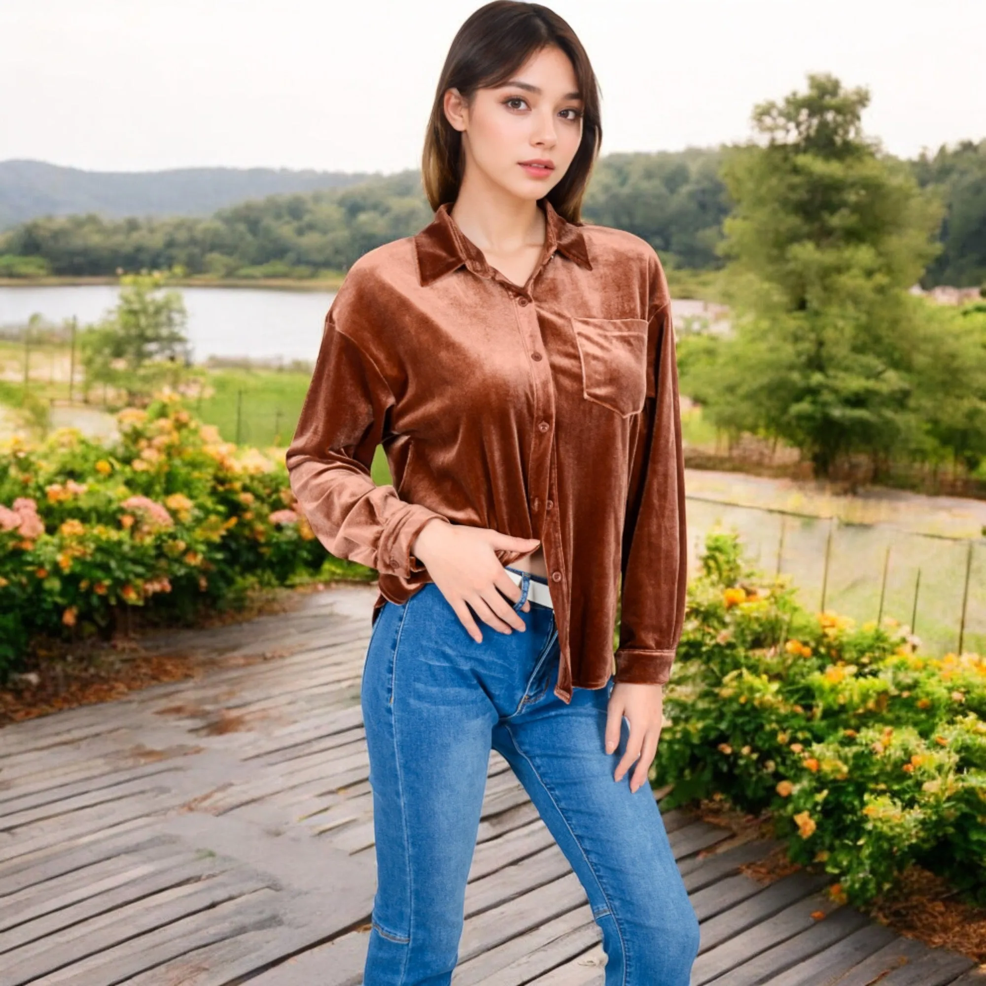 Anna-Kaci Women's Velvet Long Sleeve Button-Up Shirt with Chest Pocket and Collared Neck sold by Anna-Kaci product image thumbnail 3