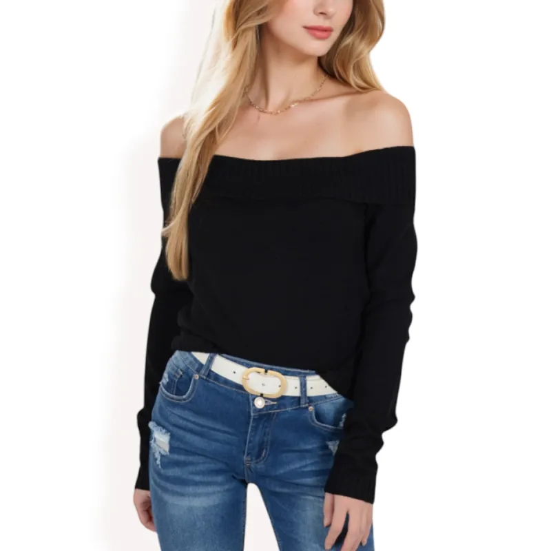 Anna-Kaci Women's Ribbed Off-the-Shoulder Long Sleeve Slim Fit Top in Soft Stretchy Midweight Fabric for a Chic Cropped Style sold by Anna-Kaci