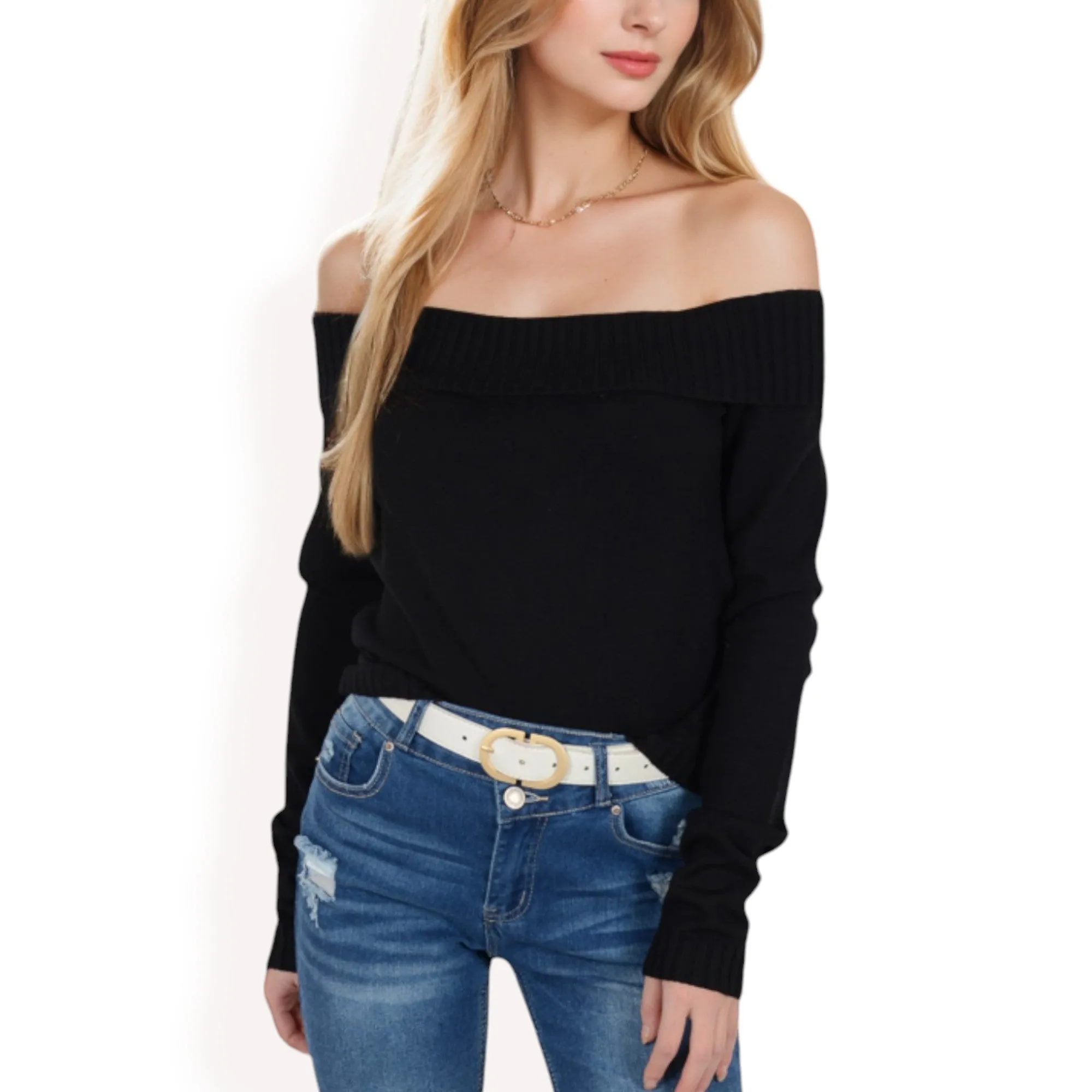 Anna-Kaci Women's Ribbed Off-the-Shoulder Long Sleeve Slim Fit Top in Soft Stretchy Midweight Fabric for a Chic Cropped Style sold by Anna-Kaci