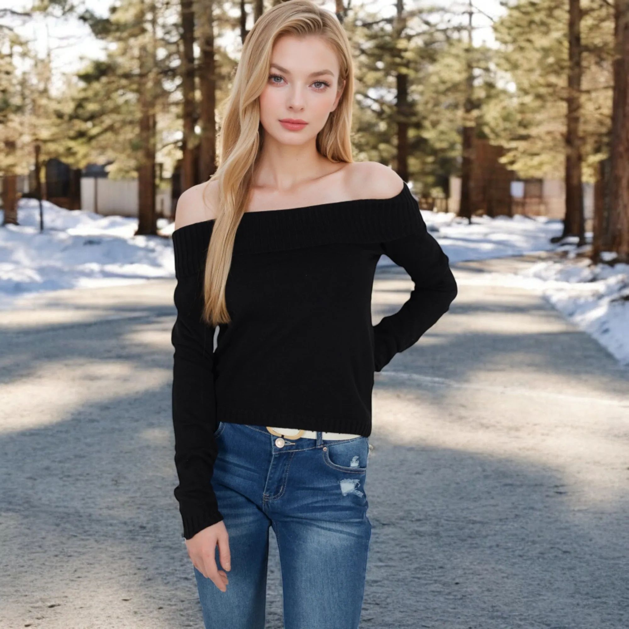 Anna-Kaci Women's Ribbed Off-the-Shoulder Long Sleeve Slim Fit Top in Soft Stretchy Midweight Fabric for a Chic Cropped Style sold by Anna-Kaci product image thumbnail 3