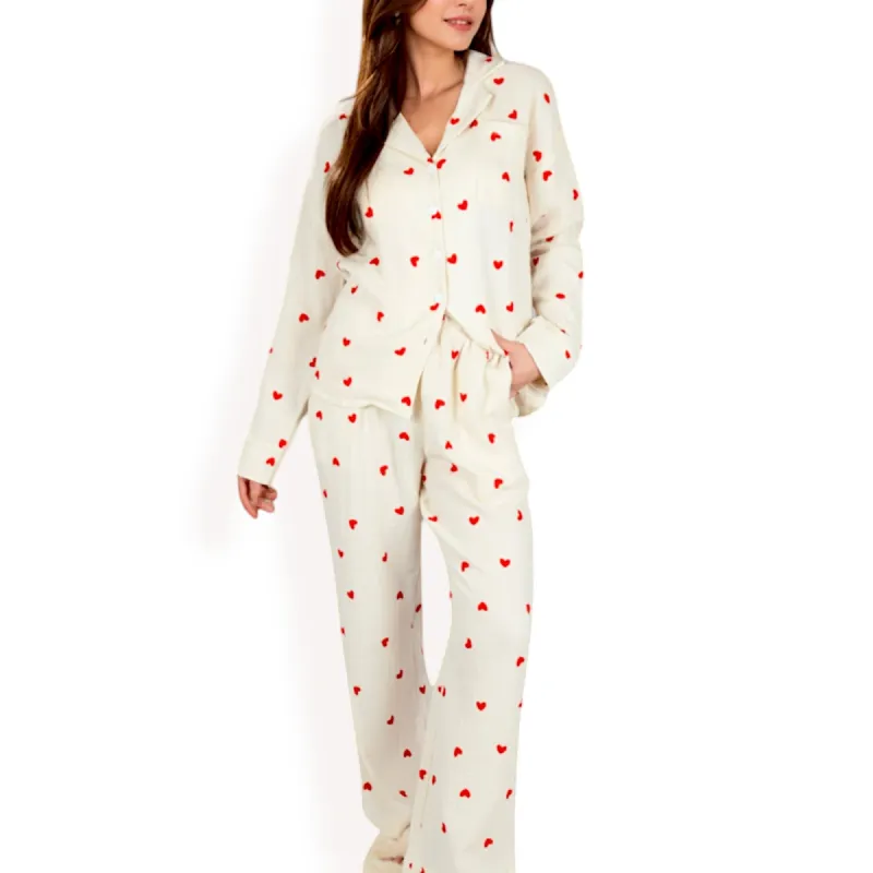 Anna-Kaci Women's Heart Print 2-Piece Pajama Set with Long Sleeve Button-Up Top and Relaxed Fit Pants sold by Anna-Kaci