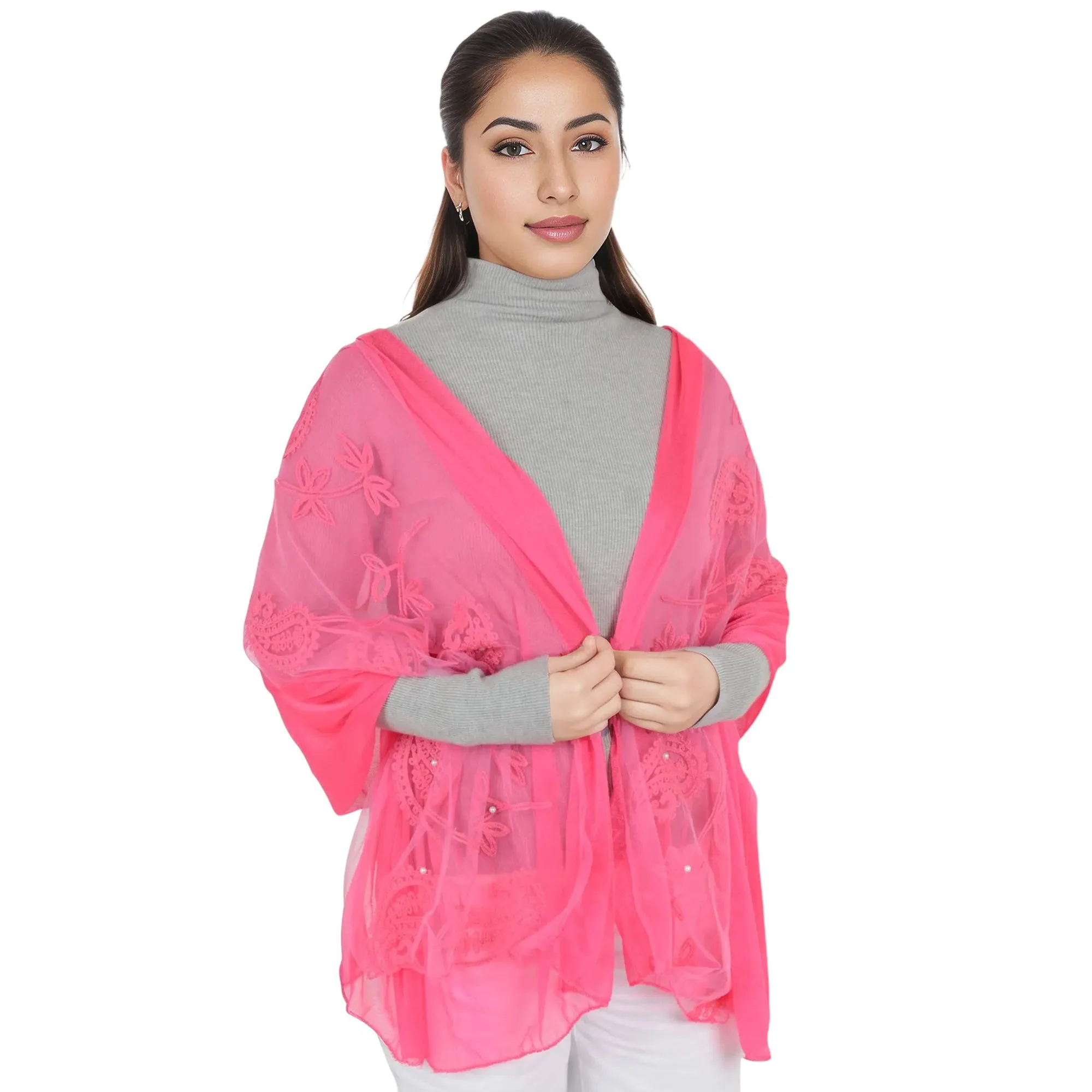 Anna-Kaci Women's Embroidered Floral Lace Scarf Solid Double Layered Faux Pearls Long Wrap Scarf sold by Anna-Kaci product image thumbnail 4