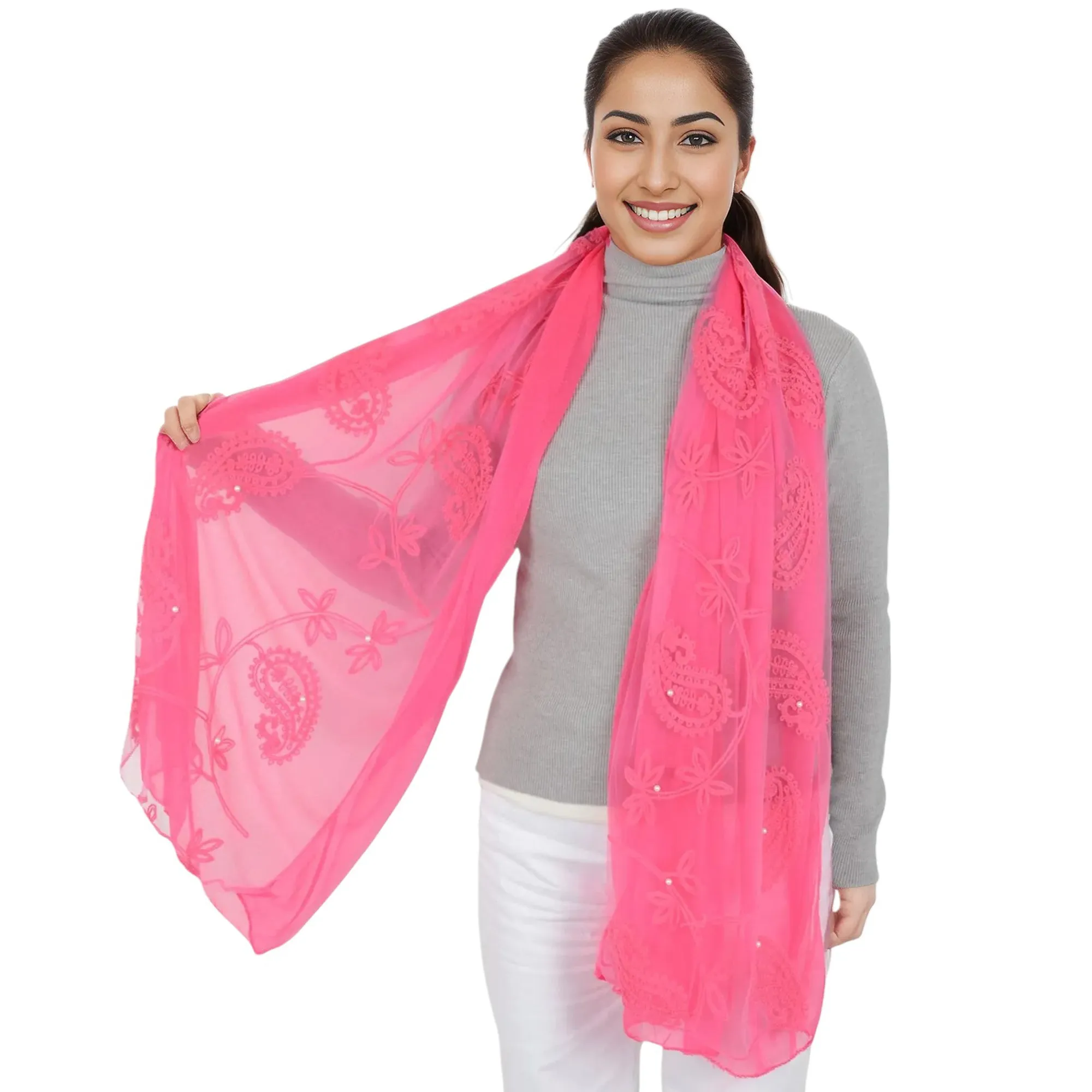 Anna-Kaci Women's Embroidered Floral Lace Scarf Solid Double Layered Faux Pearls Long Wrap Scarf sold by Anna-Kaci