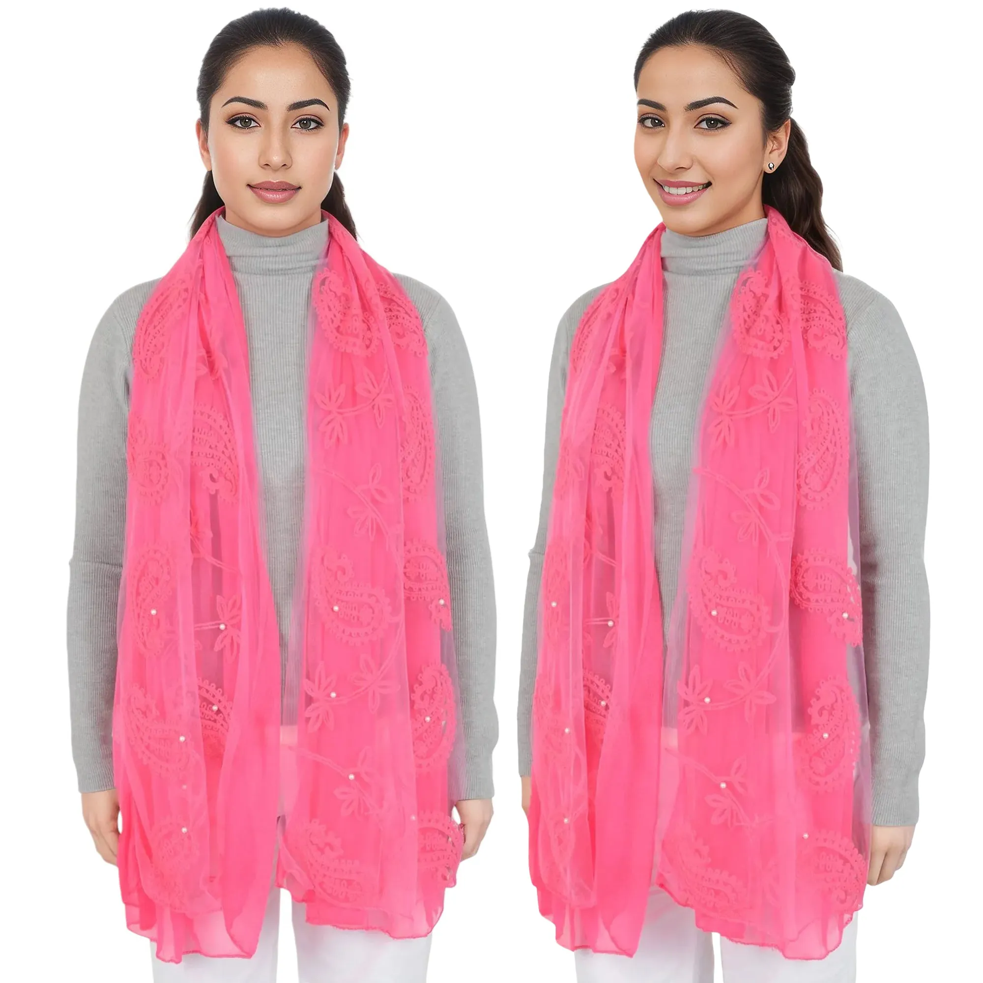 Anna-Kaci Women's Embroidered Floral Lace Scarf Solid Double Layered Faux Pearls Long Wrap Scarf sold by Anna-Kaci product image thumbnail 2