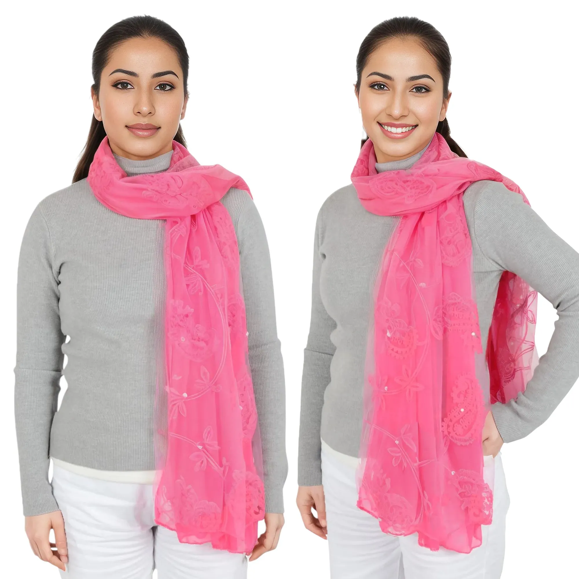 Anna-Kaci Women's Embroidered Floral Lace Scarf Solid Double Layered Faux Pearls Long Wrap Scarf sold by Anna-Kaci product image thumbnail 3