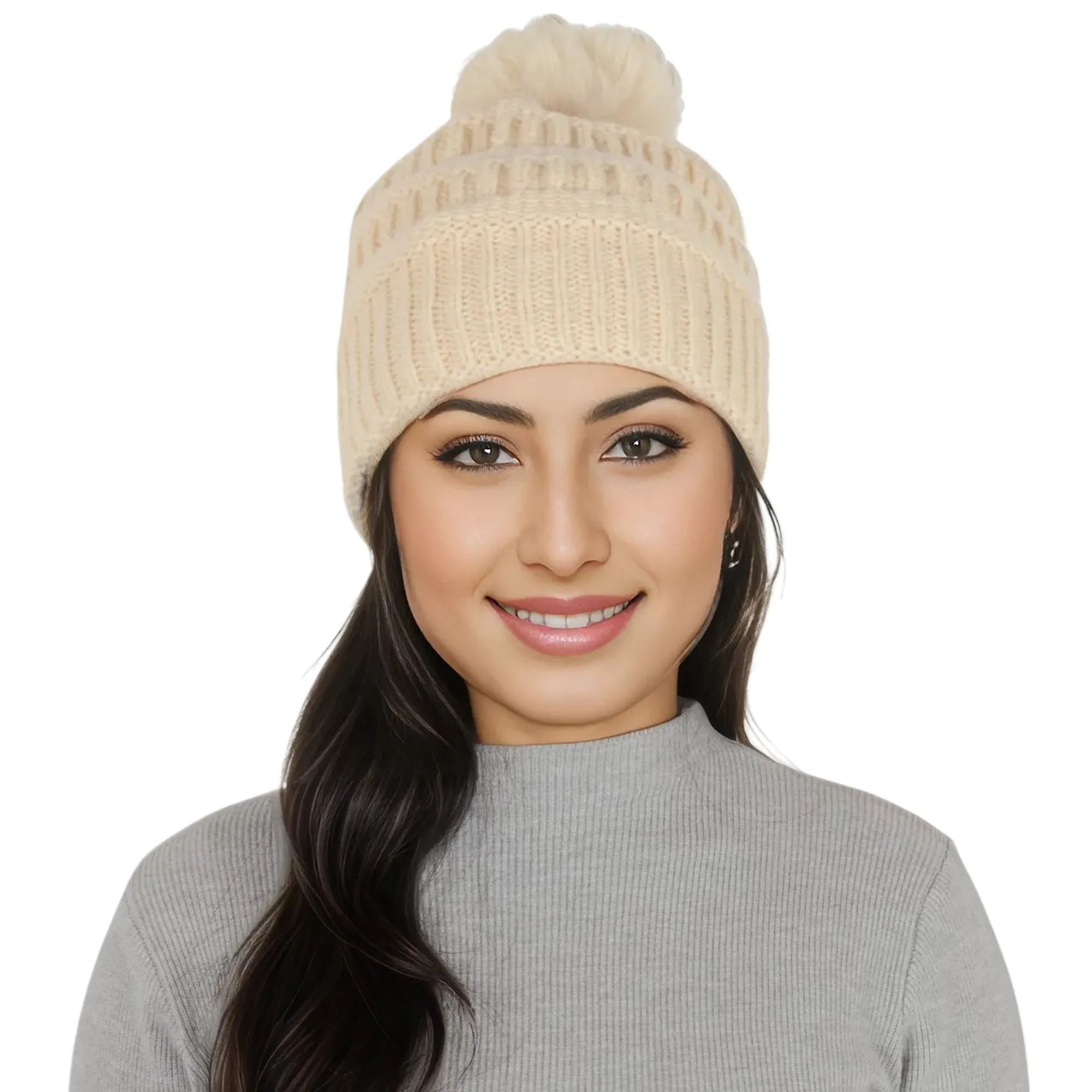 Anna-Kaci Winter Chunky Knit Slouchy Beanie with Faux Fur Pompom Warm Fleece Solid Color Chunky Baggy Hat for Women sold by Anna-Kaci product image thumbnail 2