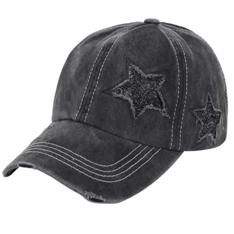 Anna-Kaci Women's Baseball Cap Glitter Star Distressed Ponytail Hat High Messy Bun Ponycap Trucker Dad Hat sold by Anna-Kaci