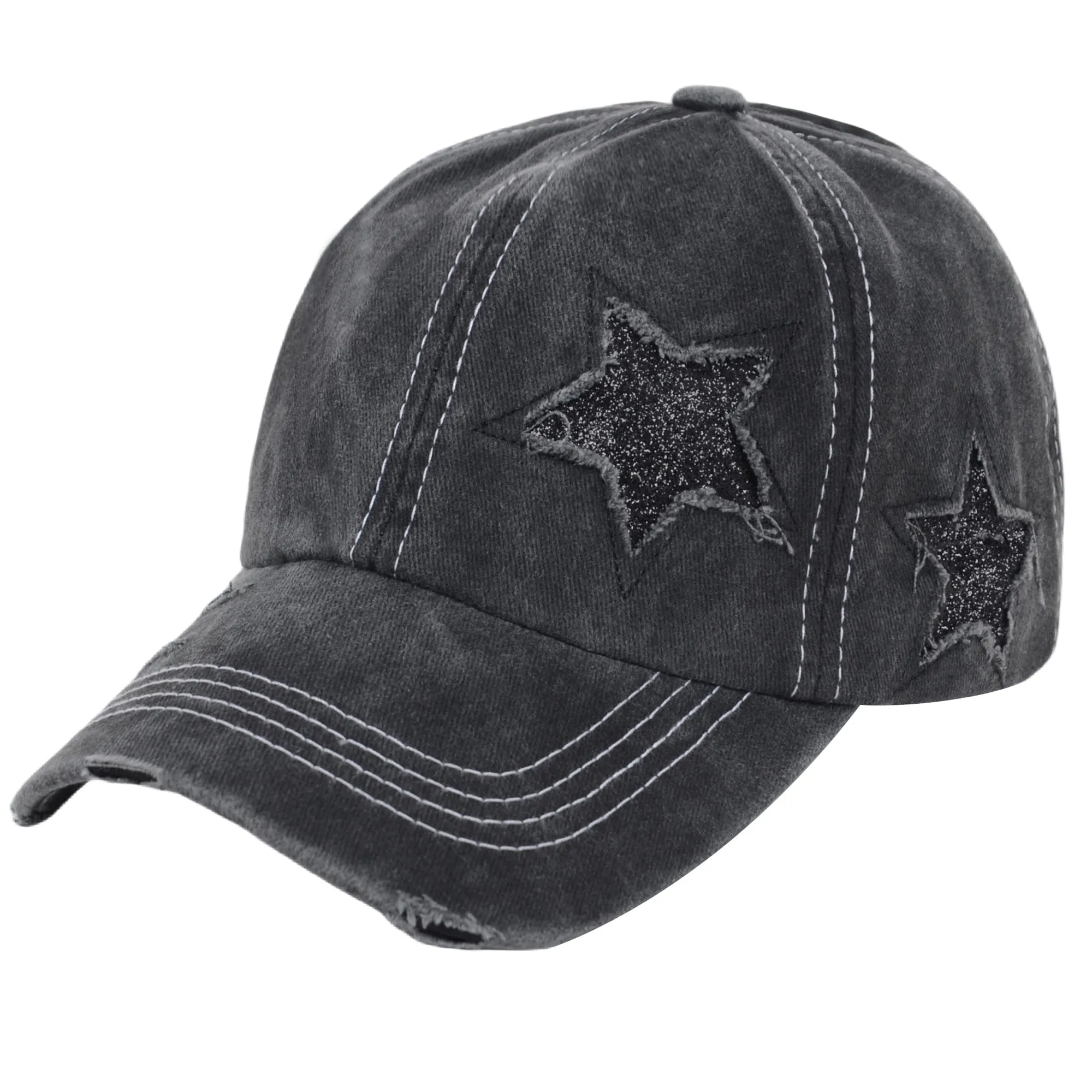 Anna-Kaci Women's Baseball Cap Glitter Star Distressed Ponytail Hat High Messy Bun Ponycap Trucker Dad Hat sold by Anna-Kaci