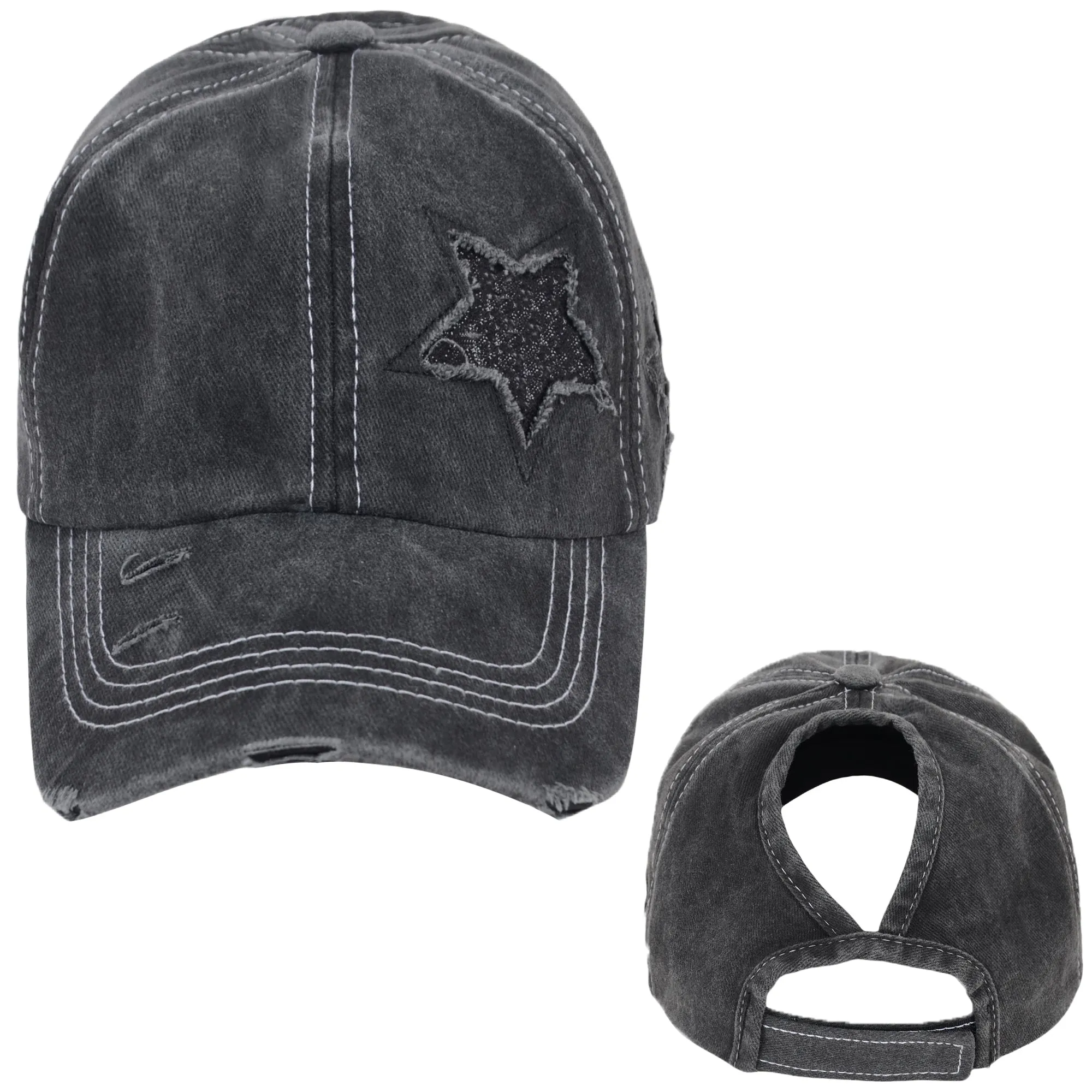 Anna-Kaci Women's Baseball Cap Glitter Star Distressed Ponytail Hat High Messy Bun Ponycap Trucker Dad Hat sold by Anna-Kaci product image thumbnail 2