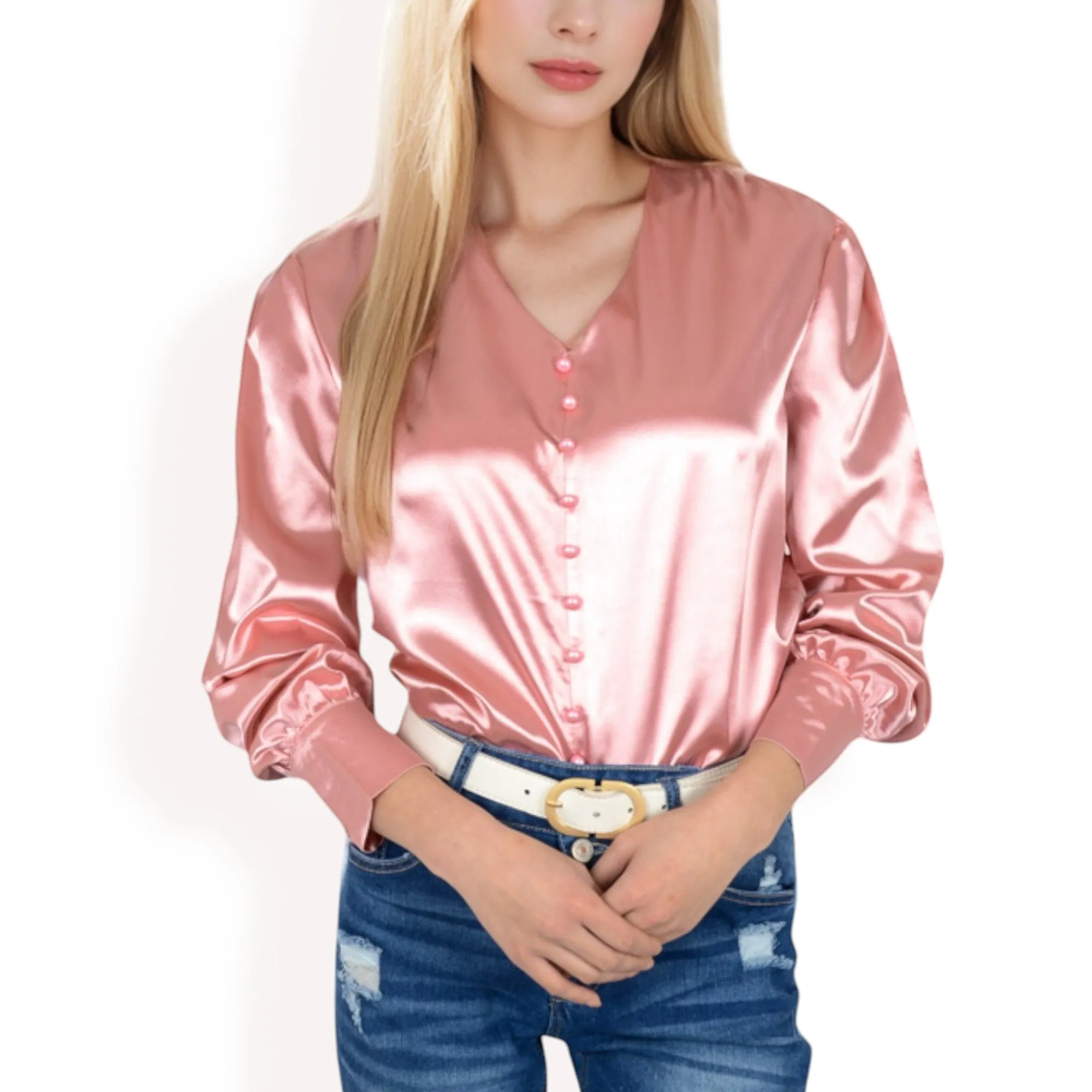 Anna-Kaci Women's Satin Long Sleeve Blouse with Button Front and V-Neckline sold by Anna-Kaci