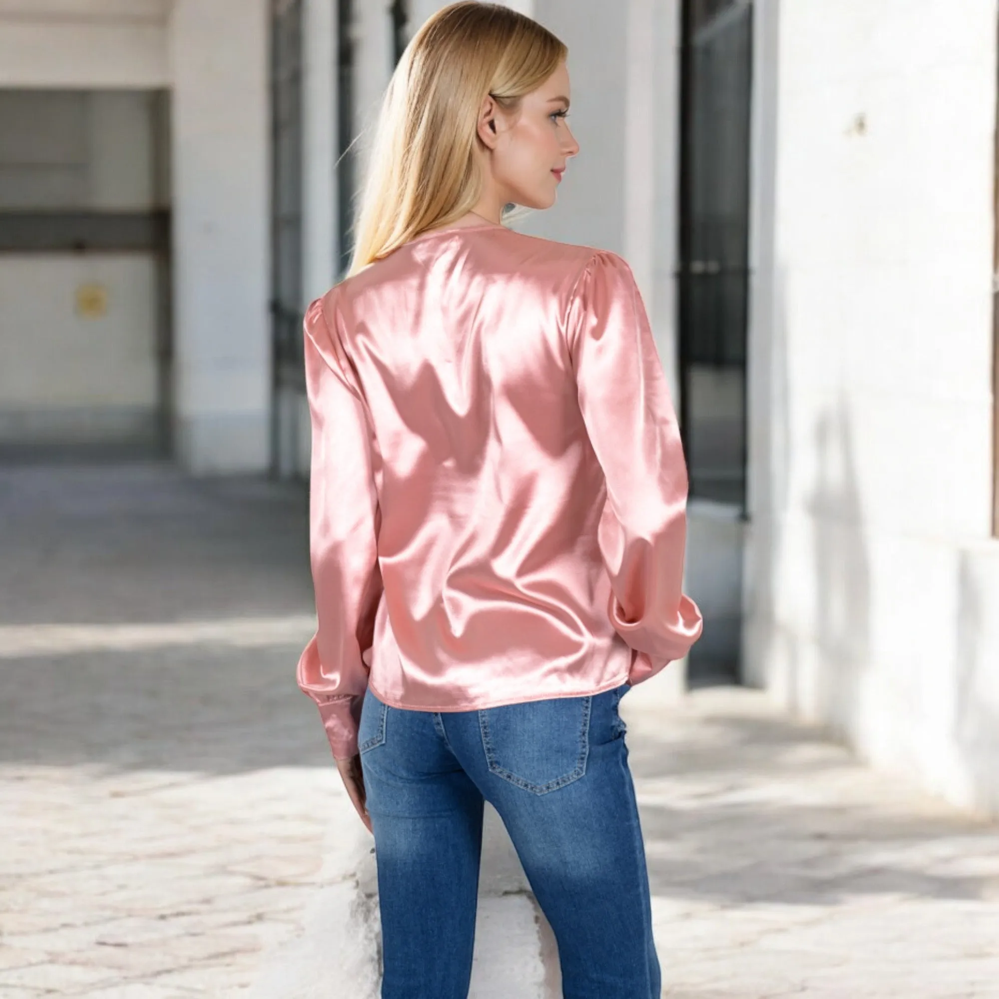 Anna-Kaci Women's Satin Long Sleeve Blouse with Button Front and V-Neckline sold by Anna-Kaci product image thumbnail 5