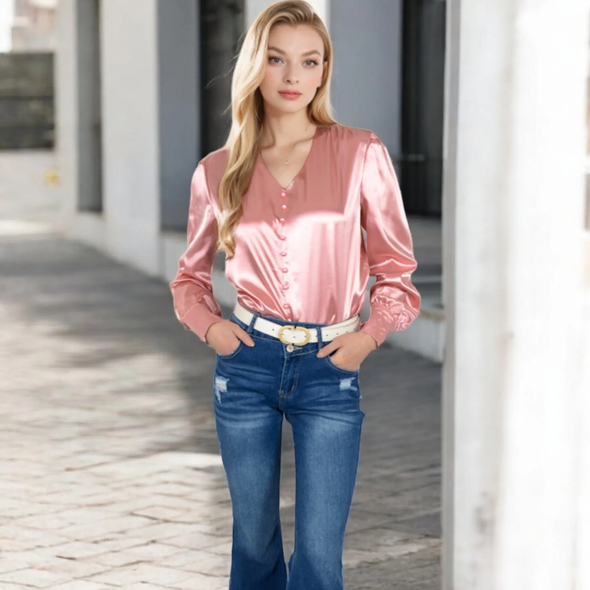 Anna-Kaci Women's Satin Long Sleeve Blouse with Button Front and V-Neckline sold by Anna-Kaci product image thumbnail 2