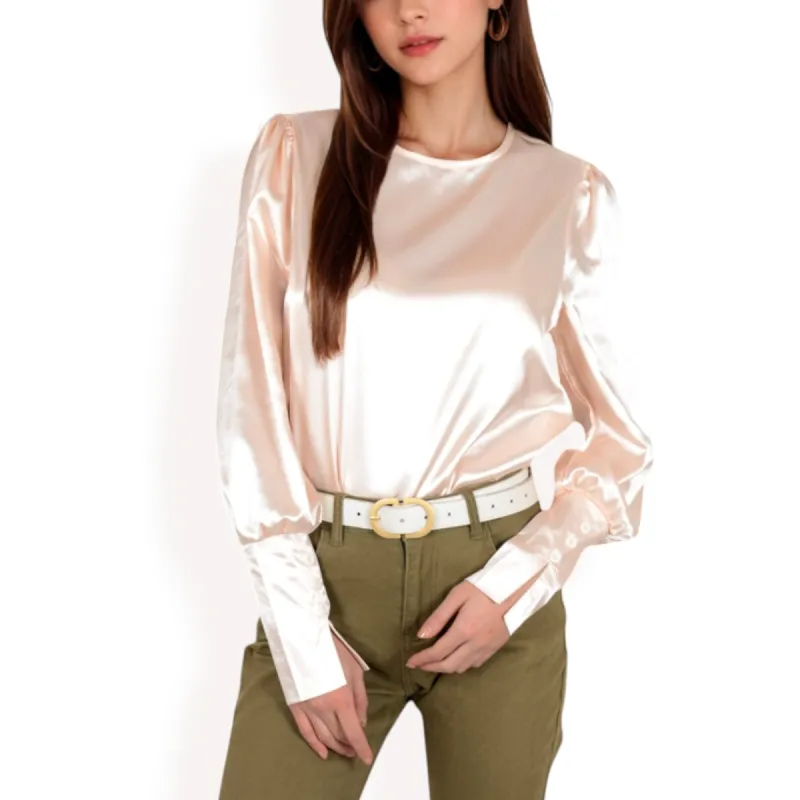 Anna-Kaci Women's Satin Long Sleeve Blouse with Buttoned Cuffs and Subtle Puff Shoulders sold by Anna-Kaci