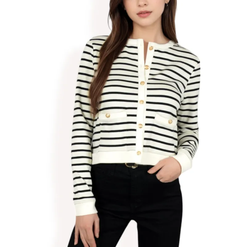 Anna-Kaci Women's Striped Button-Up Cardigan with Pocket Detail sold by Anna-Kaci