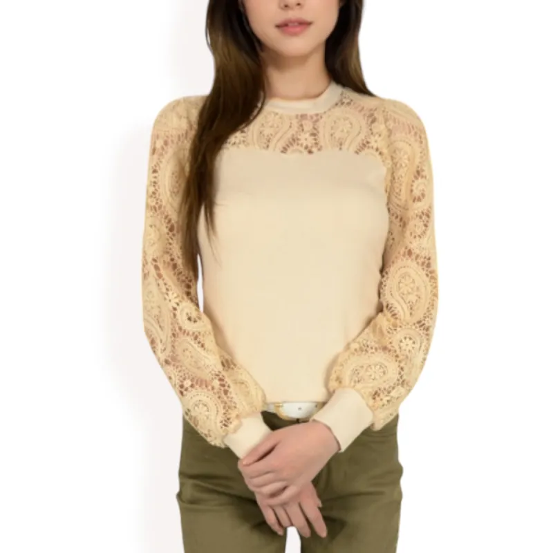 Anna-Kaci Women's Long Sleeve Lace Detail Top with Stretch Knit Bodice sold by Anna-Kaci