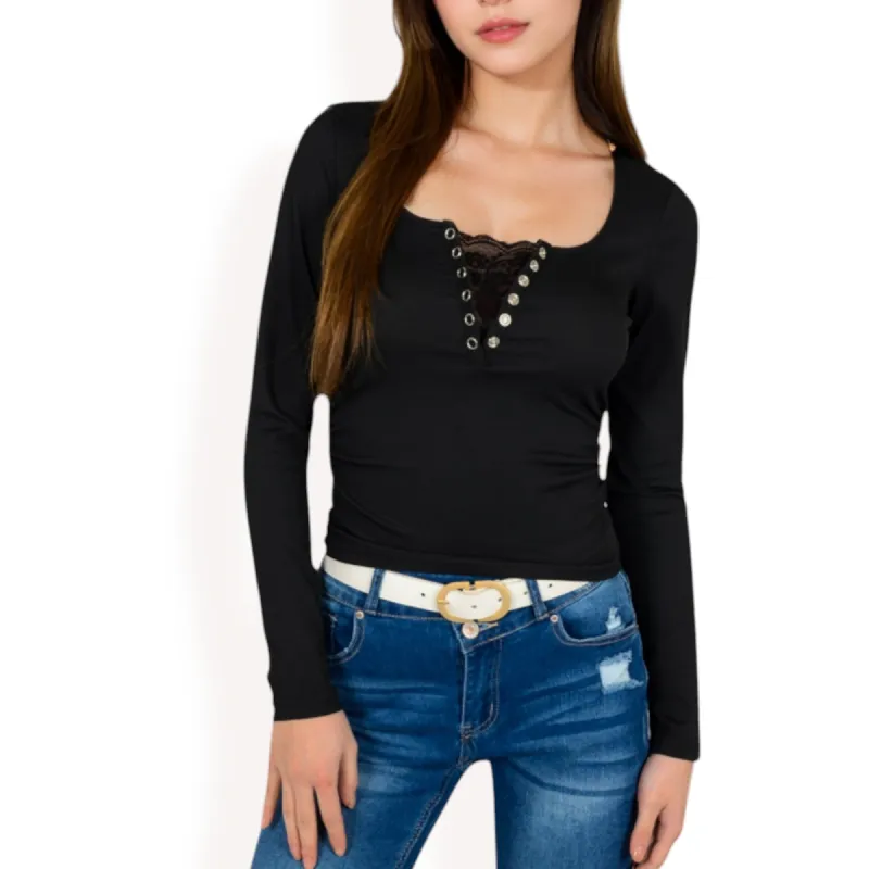 Anna-Kaci Women's Long Sleeve Lace Detail Henley Top with Decorative Buttons sold by Anna-Kaci
