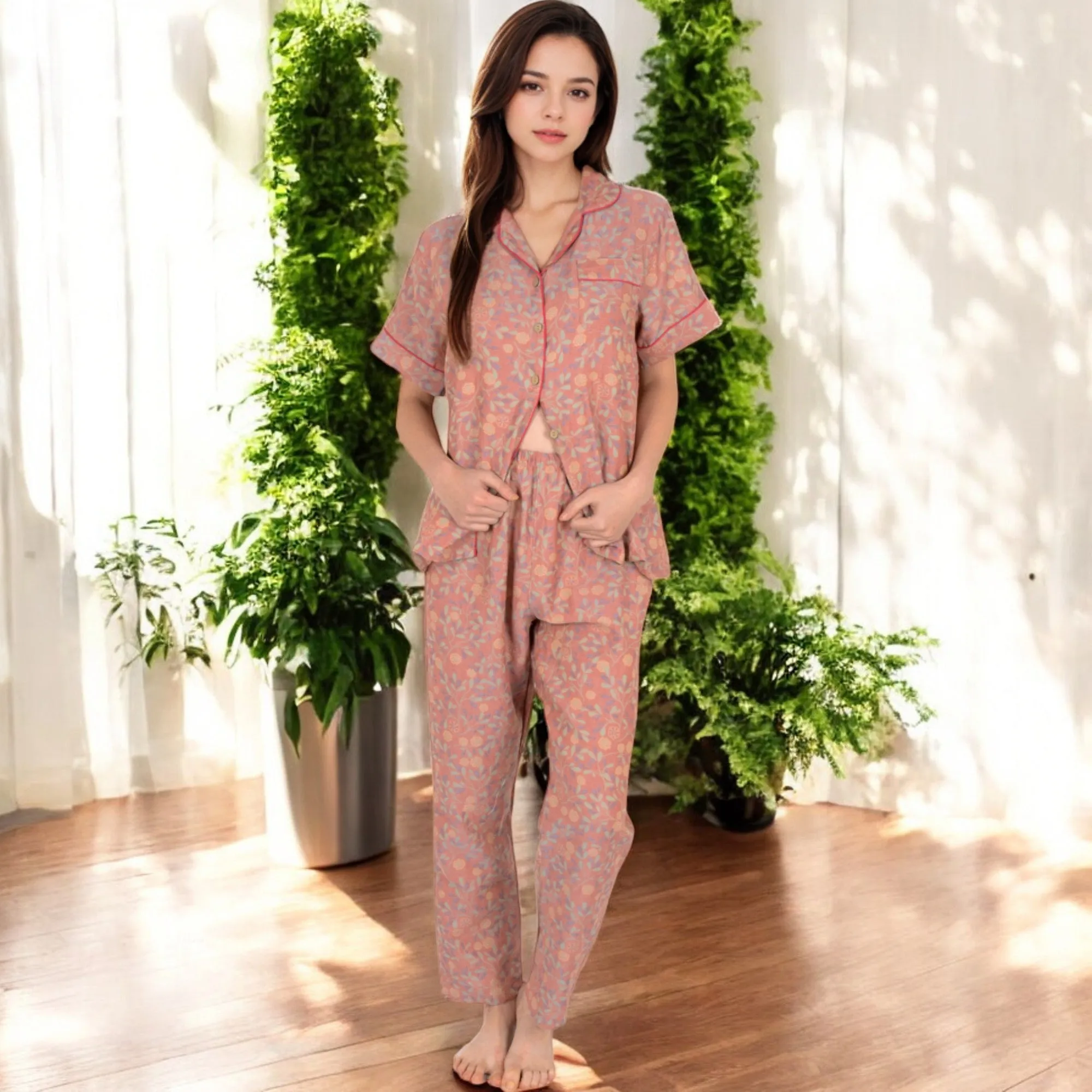 Anna-Kaci Women's Floral Print Short Sleeve Pajama Set with Button-Up Top and Piping Details sold by Anna-Kaci product image thumbnail 4