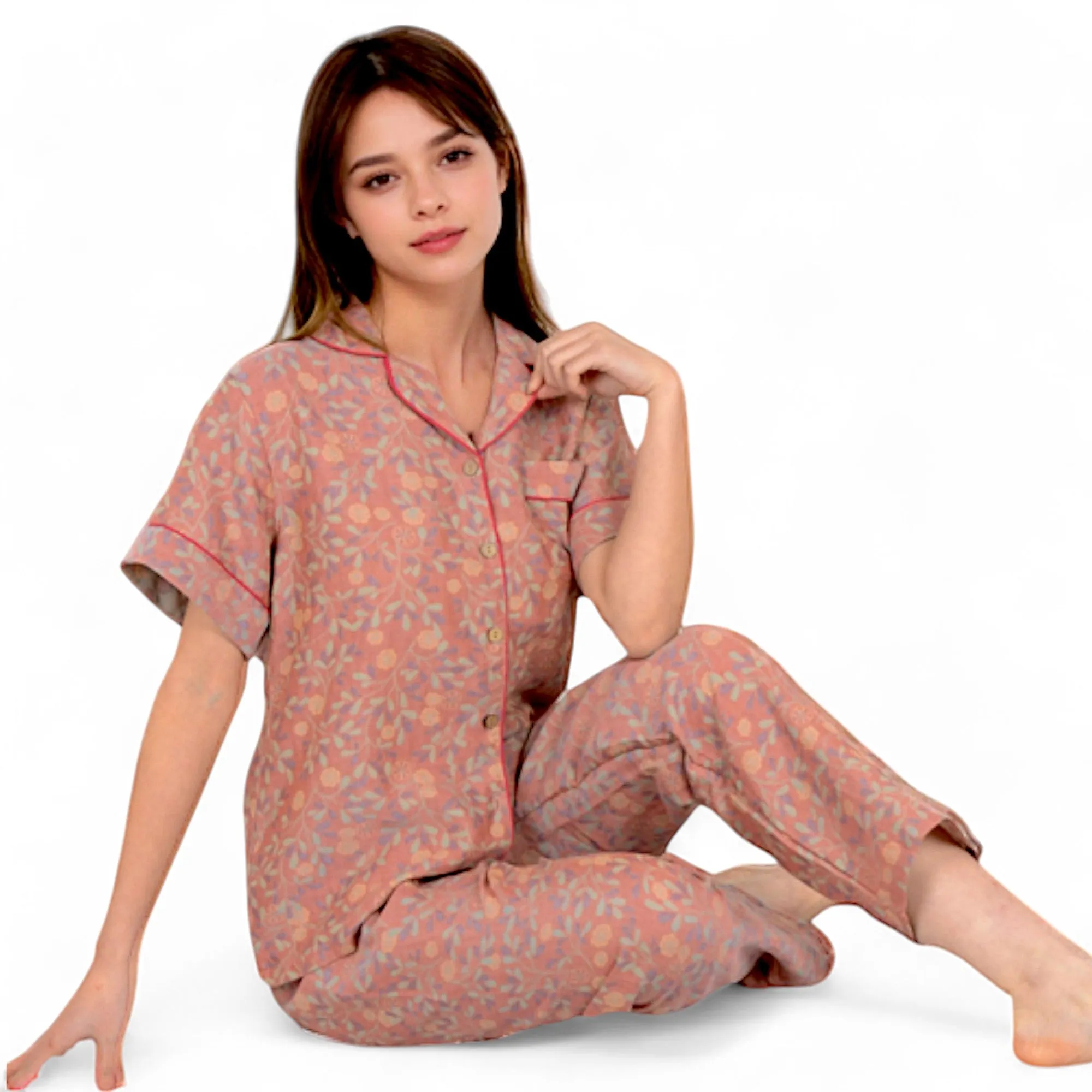 Anna-Kaci Women's Floral Print Short Sleeve Pajama Set with Button-Up Top and Piping Details sold by Anna-Kaci