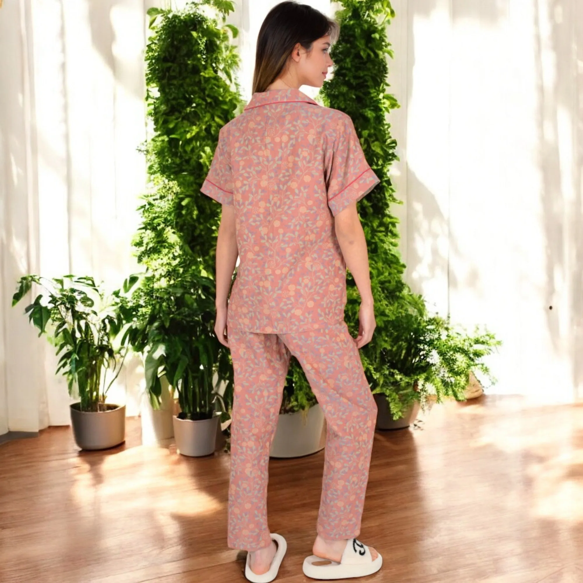 Anna-Kaci Women's Floral Print Short Sleeve Pajama Set with Button-Up Top and Piping Details sold by Anna-Kaci product image thumbnail 5