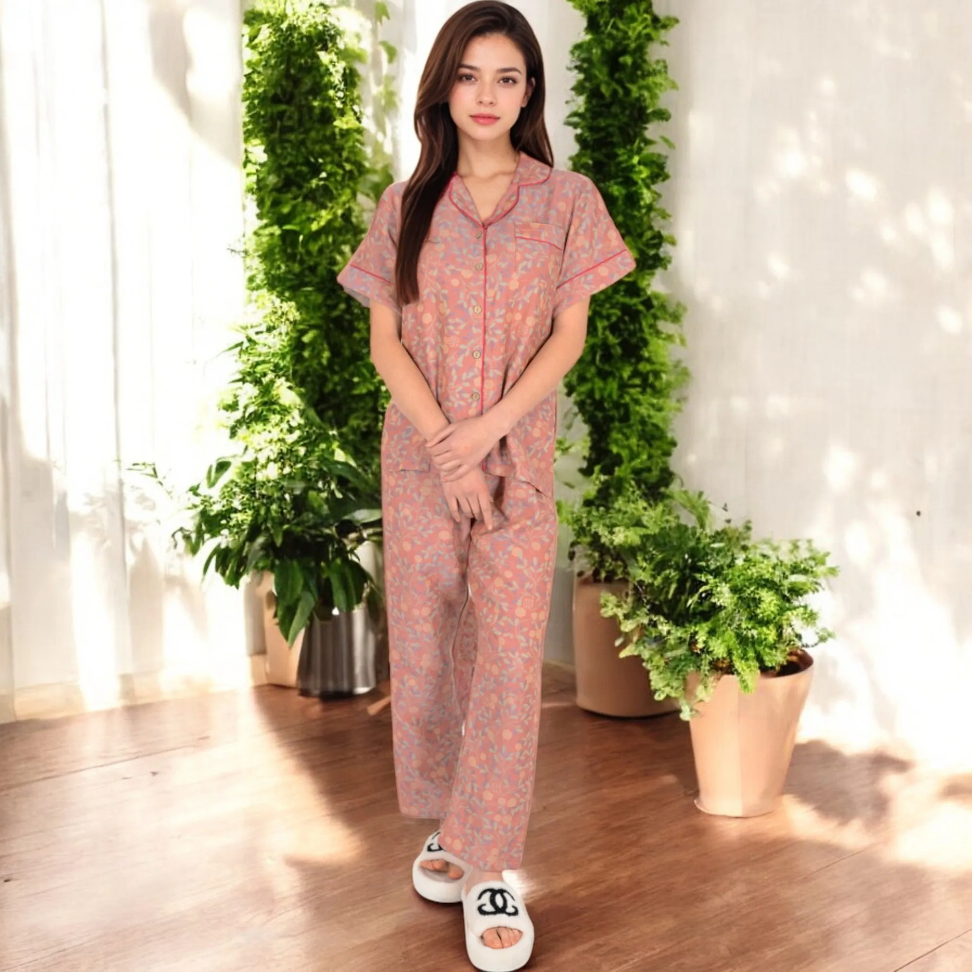 Anna-Kaci Women's Floral Print Short Sleeve Pajama Set with Button-Up Top and Piping Details sold by Anna-Kaci product image thumbnail 2