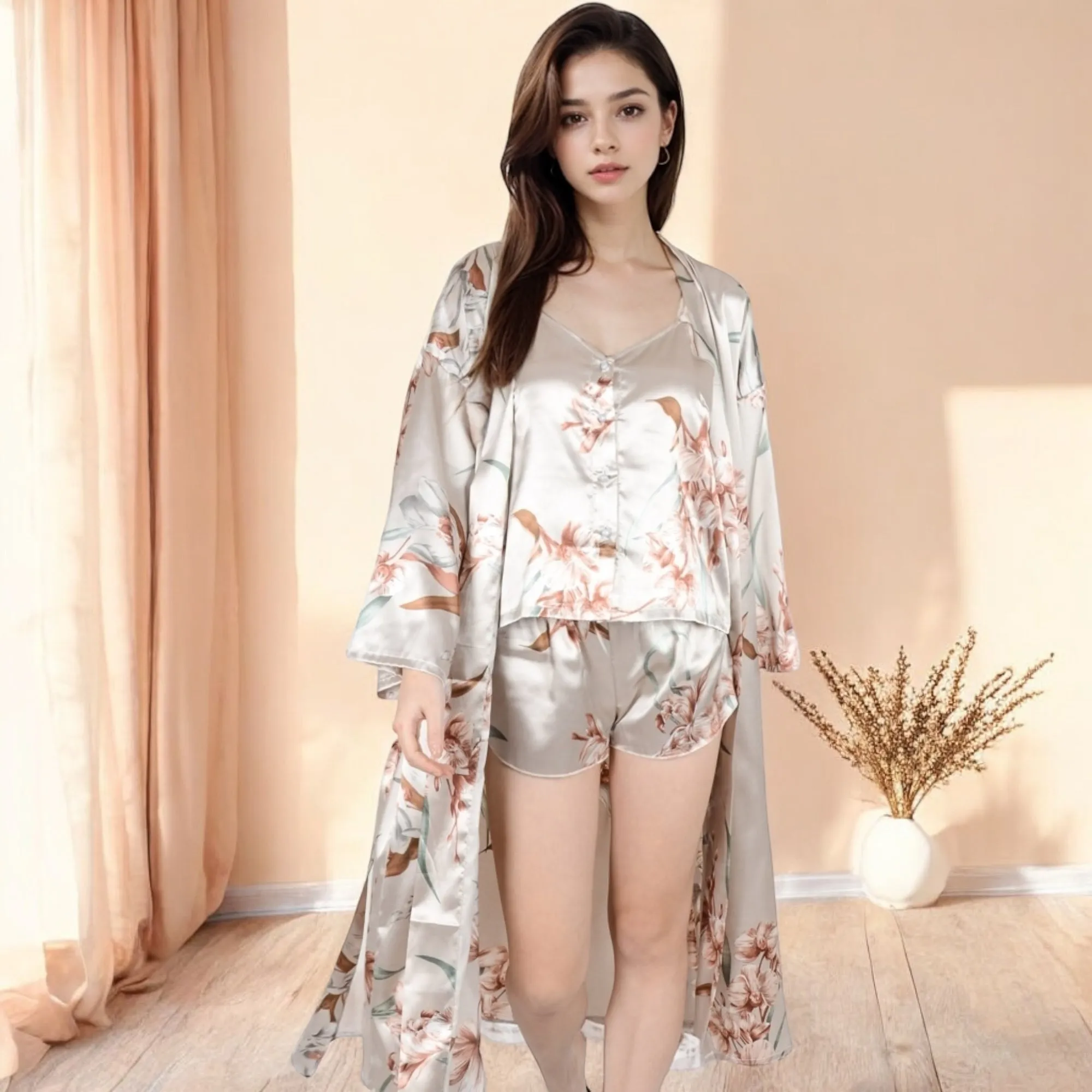 Anna-Kaci Women's Floral Satin Kimono Robe with Matching Cami Top and Shorts sold by Anna-Kaci product image thumbnail 4