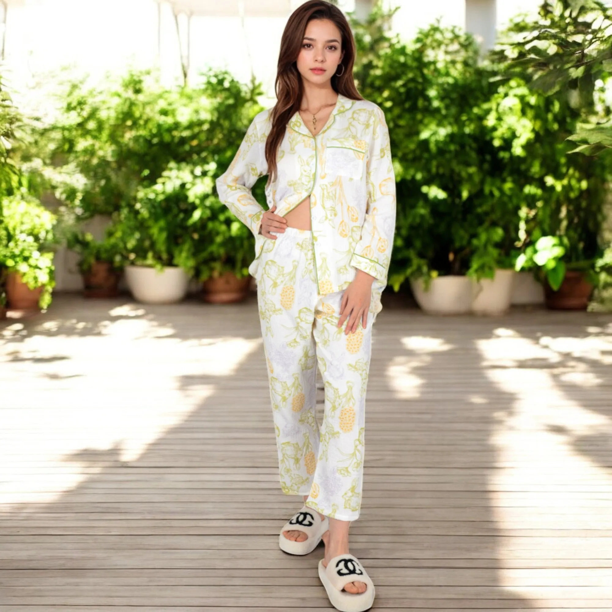 Anna-Kaci Women's Printed Gauze Pajama Set with Button-Up Shirt and Relaxed Fit Pants sold by Anna-Kaci product image thumbnail 2