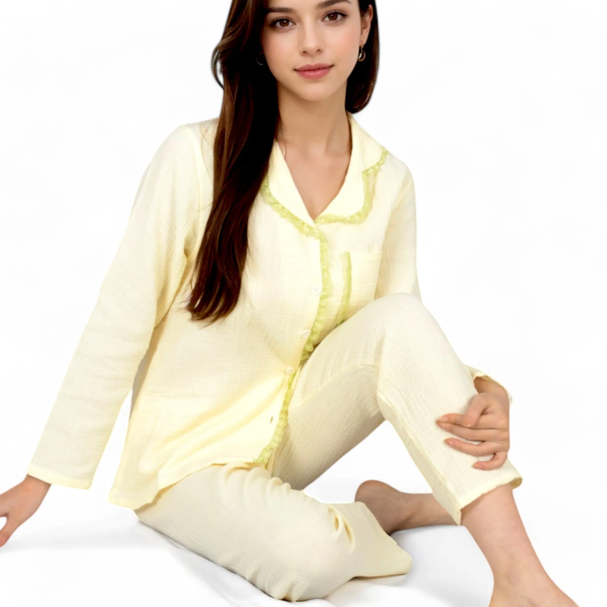 Anna-Kaci Women's Lightweight Gauze Pajama Set with Lace Trim and Button-Up Design sold by Anna-Kaci