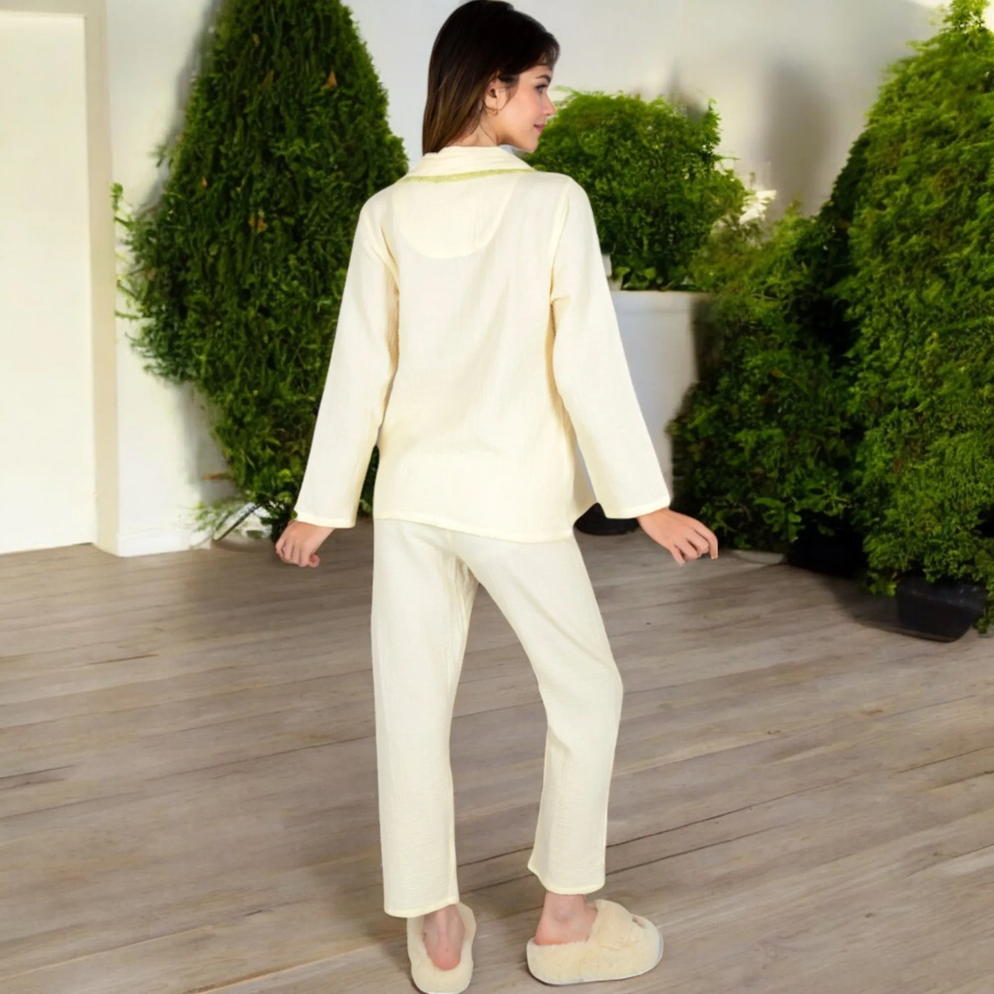 Anna-Kaci Women's Lightweight Gauze Pajama Set with Lace Trim and Button-Up Design sold by Anna-Kaci product image thumbnail 5