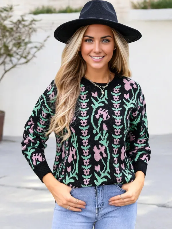 Anna-Kaci Women's Floral Knit Sweater with Crew Neck and Long Sleeves sold by Anna-Kaci