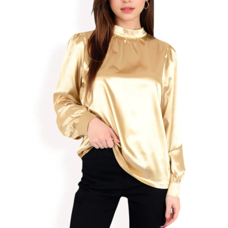 Anna-Kaci Women's Satin Long Sleeve Blouse with High Neck and Puff Sleeves sold by Anna-Kaci