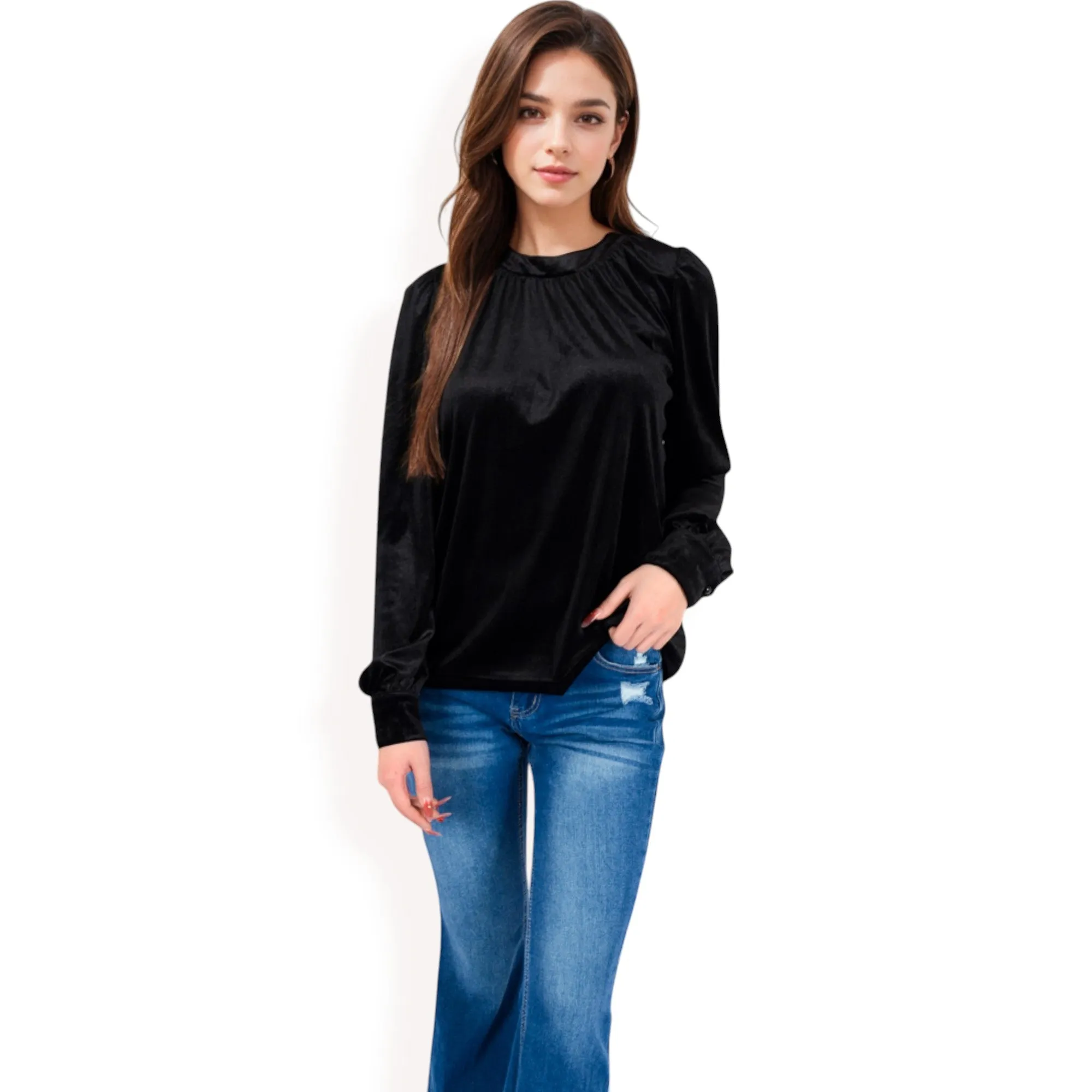 Anna-Kaci Women's Velvet Long Sleeve Top with Puff Shoulders sold by Anna-Kaci product image thumbnail 2