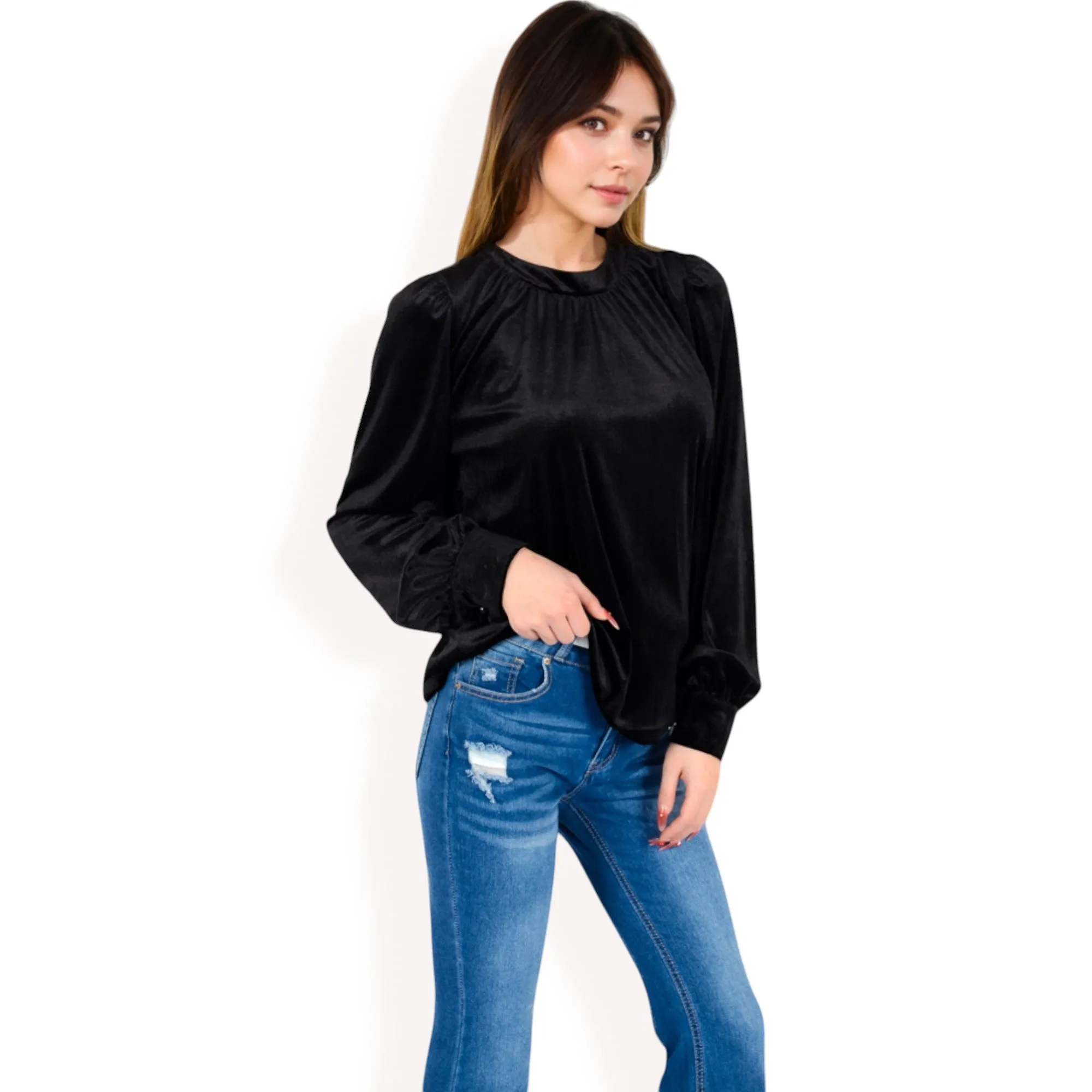 Anna-Kaci Women's Velvet Long Sleeve Top with Puff Shoulders sold by Anna-Kaci product image thumbnail 3