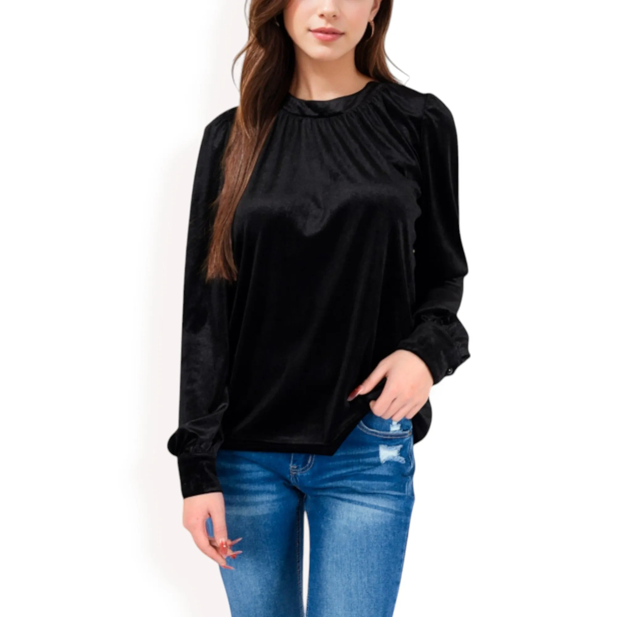 Anna-Kaci Women's Velvet Long Sleeve Top with Puff Shoulders sold by Anna-Kaci