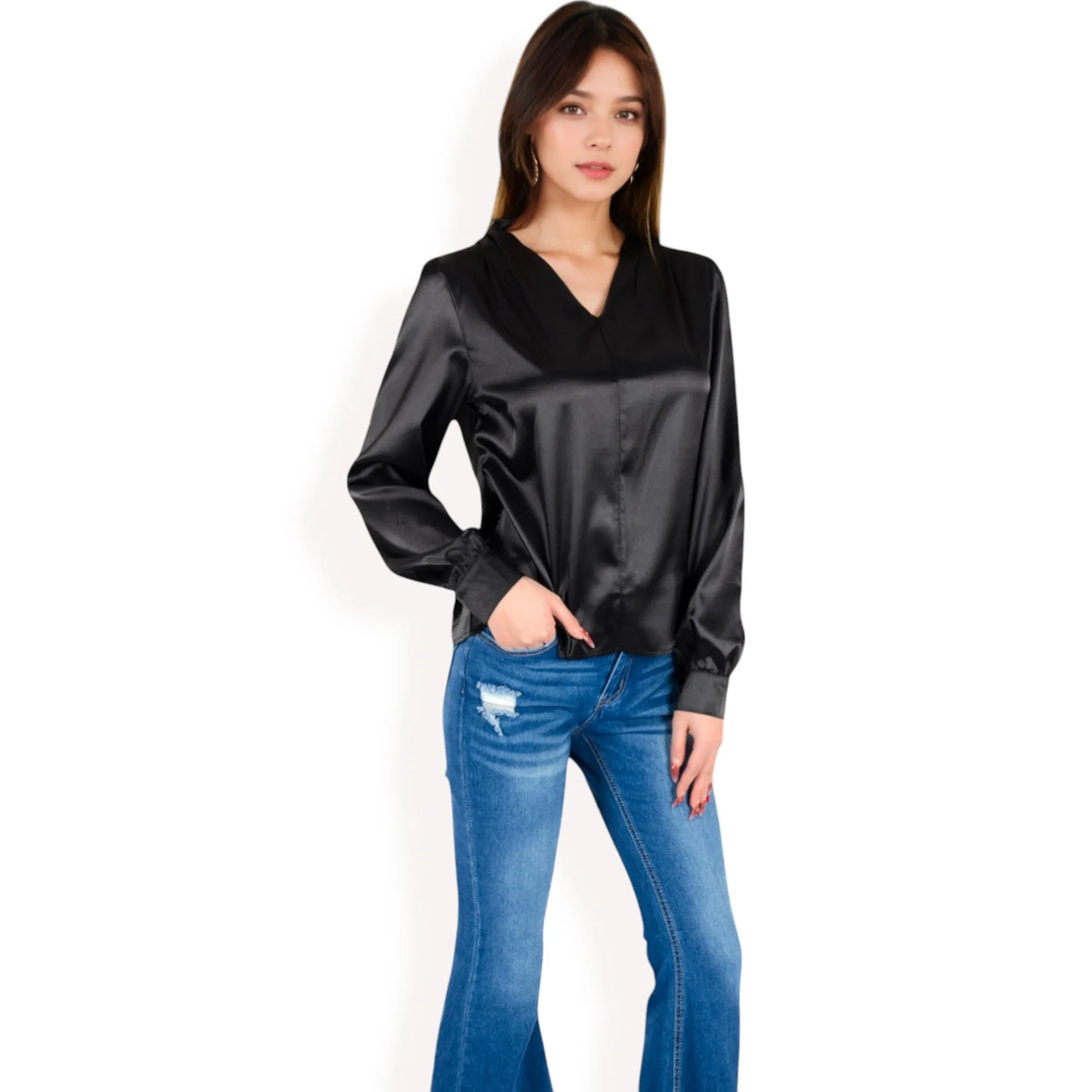 Anna-Kaci Women's Satin V-Neck Blouse with Long Sleeves sold by Anna-Kaci product image thumbnail 4