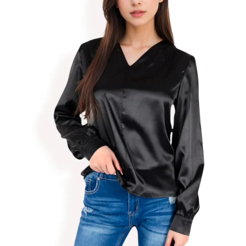 Anna-Kaci Women's Satin V-Neck Blouse with Long Sleeves sold by Anna-Kaci